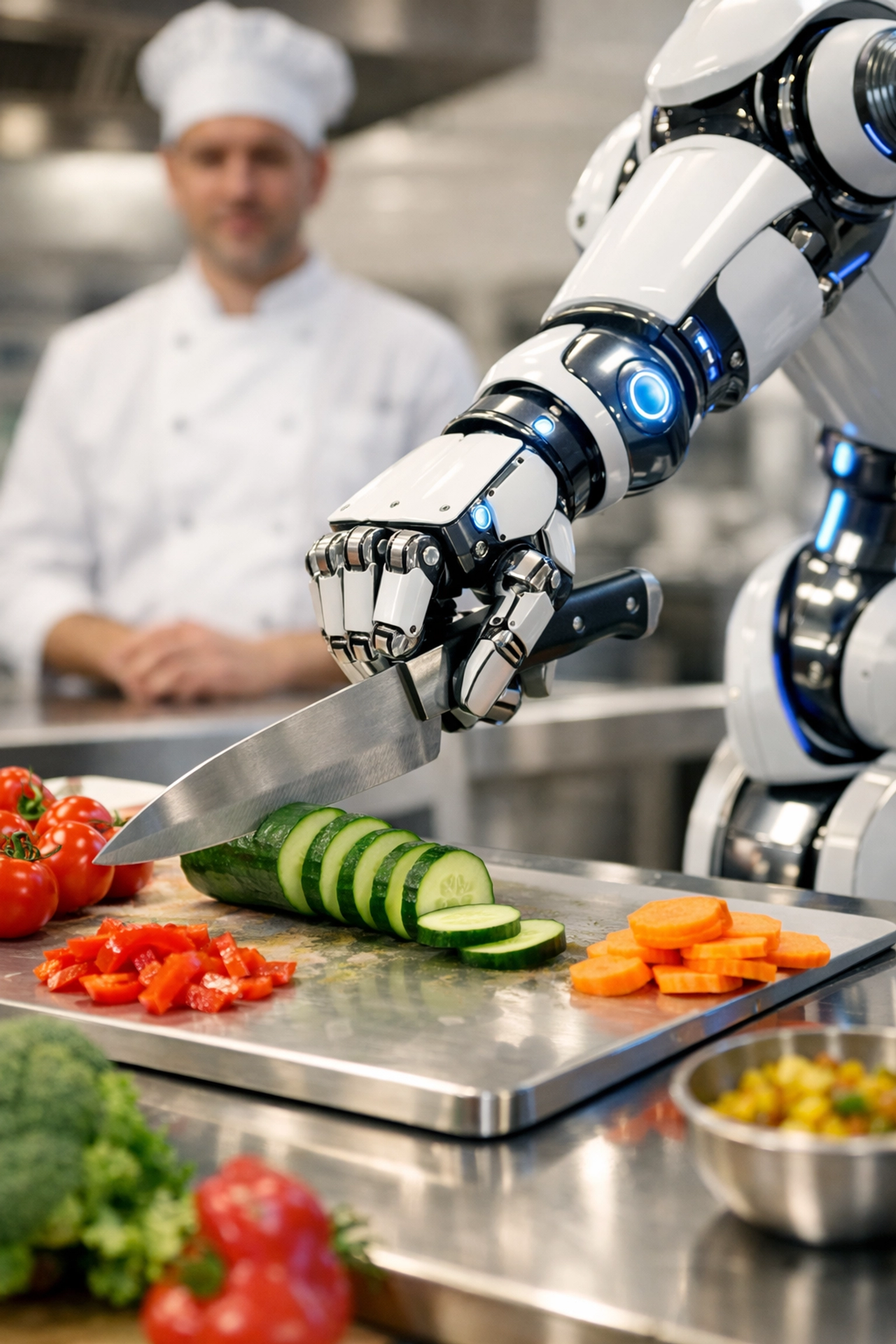 Robotic kitchen automation slicing vegetables in commercial restaurant back-of-house operation