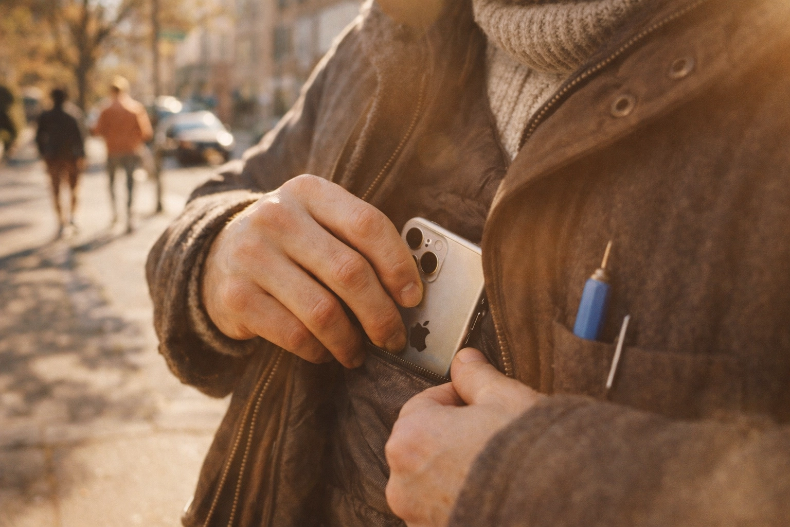 Keeping iPhone warm in inside coat pocket to protect from cold weather damage