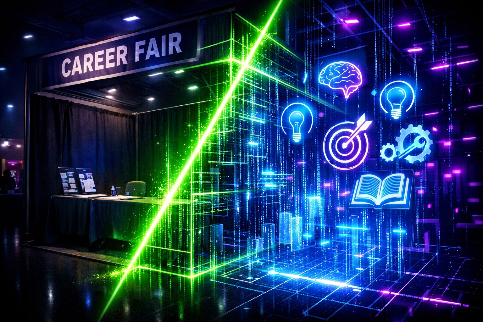 Digital scan revealing hidden skill data behind a traditional campus career fair booth.