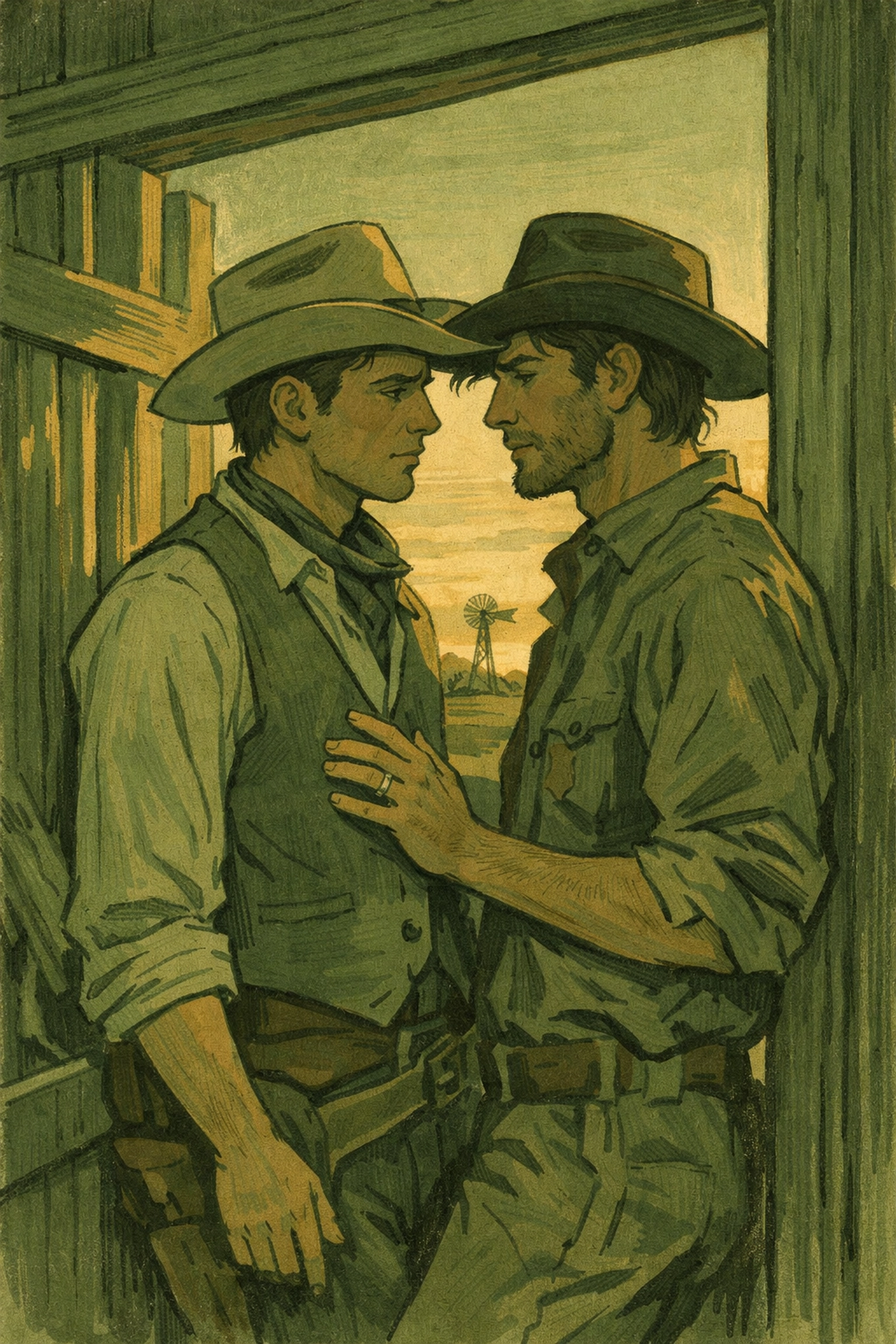 Two cowboys in 1910s Texas barn sharing forbidden glance in MM historical romance