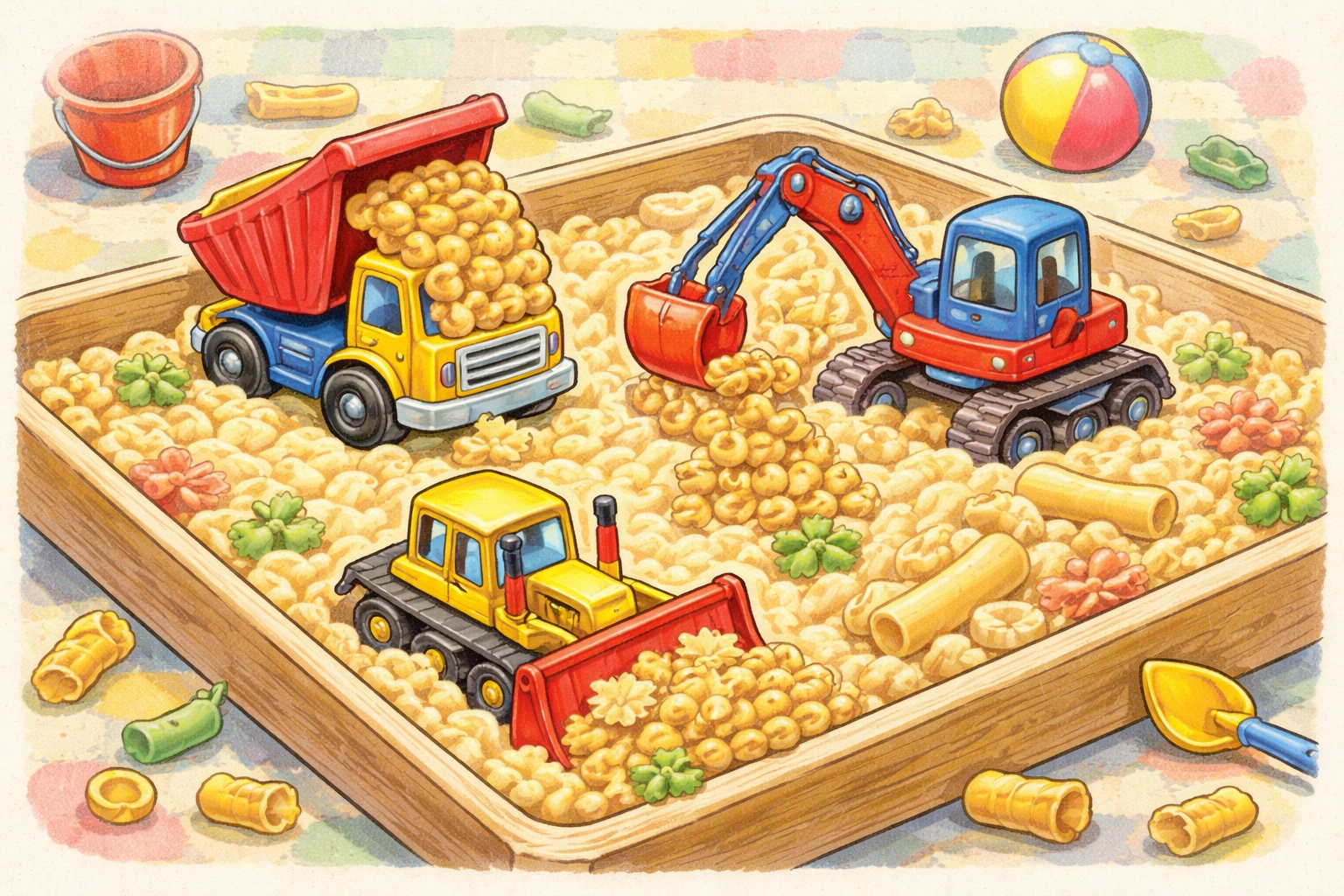 Toy construction vehicles like dump trucks and excavators scooping pasta inside a playful kids construction site bin