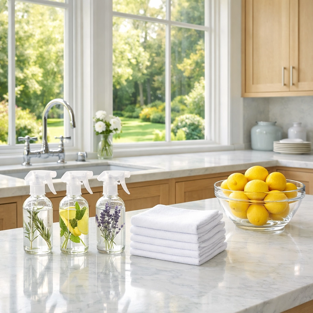 Eco-friendly kitchen cleaning in a luxury Concord estate using non-toxic products on marble countertops.