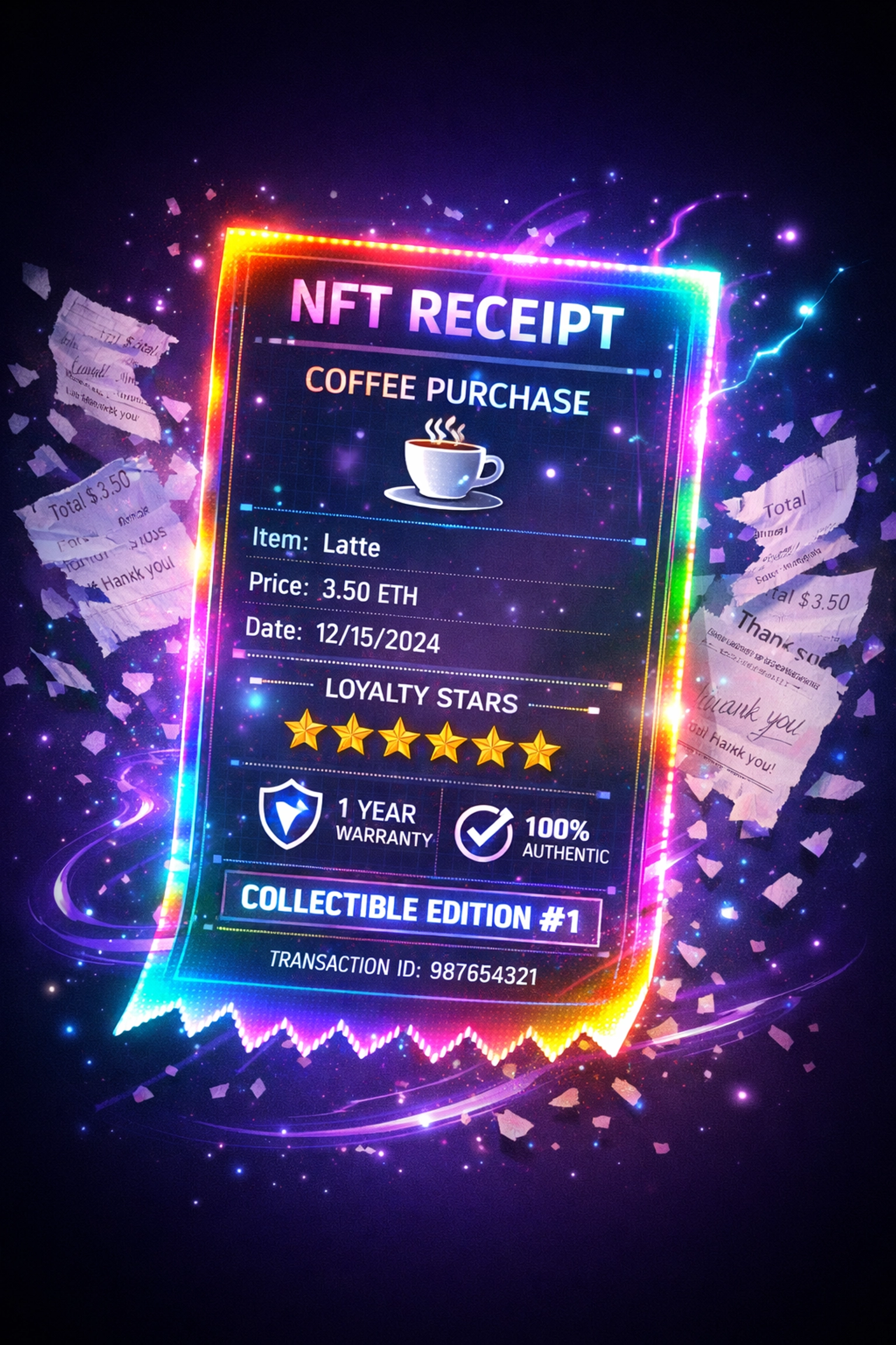 NFT receipt displaying coffee purchase with loyalty rewards and collectible features