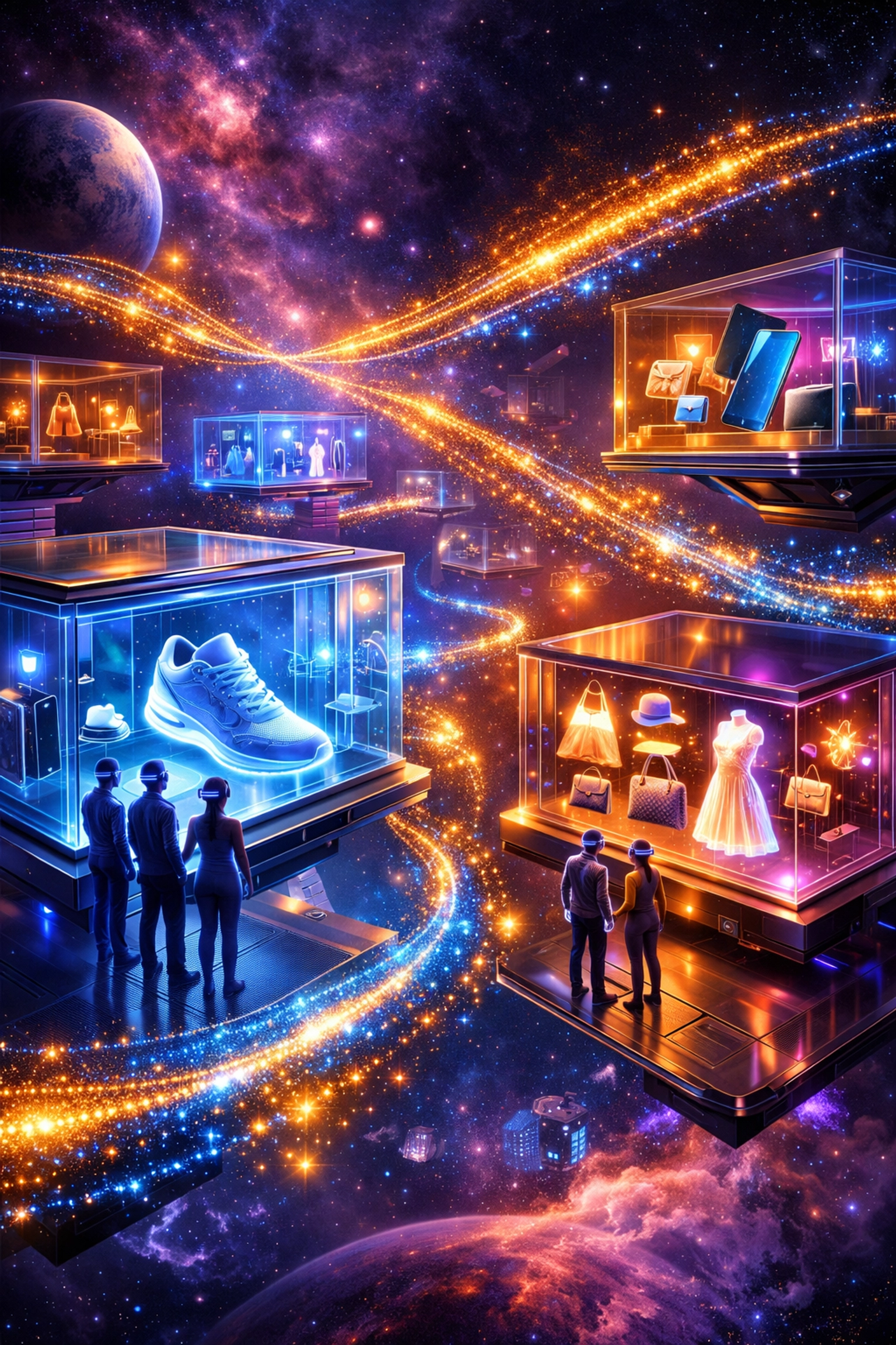 Virtual shopping mall in the metaverse with avatar shoppers browsing holographic stores and crypto payments