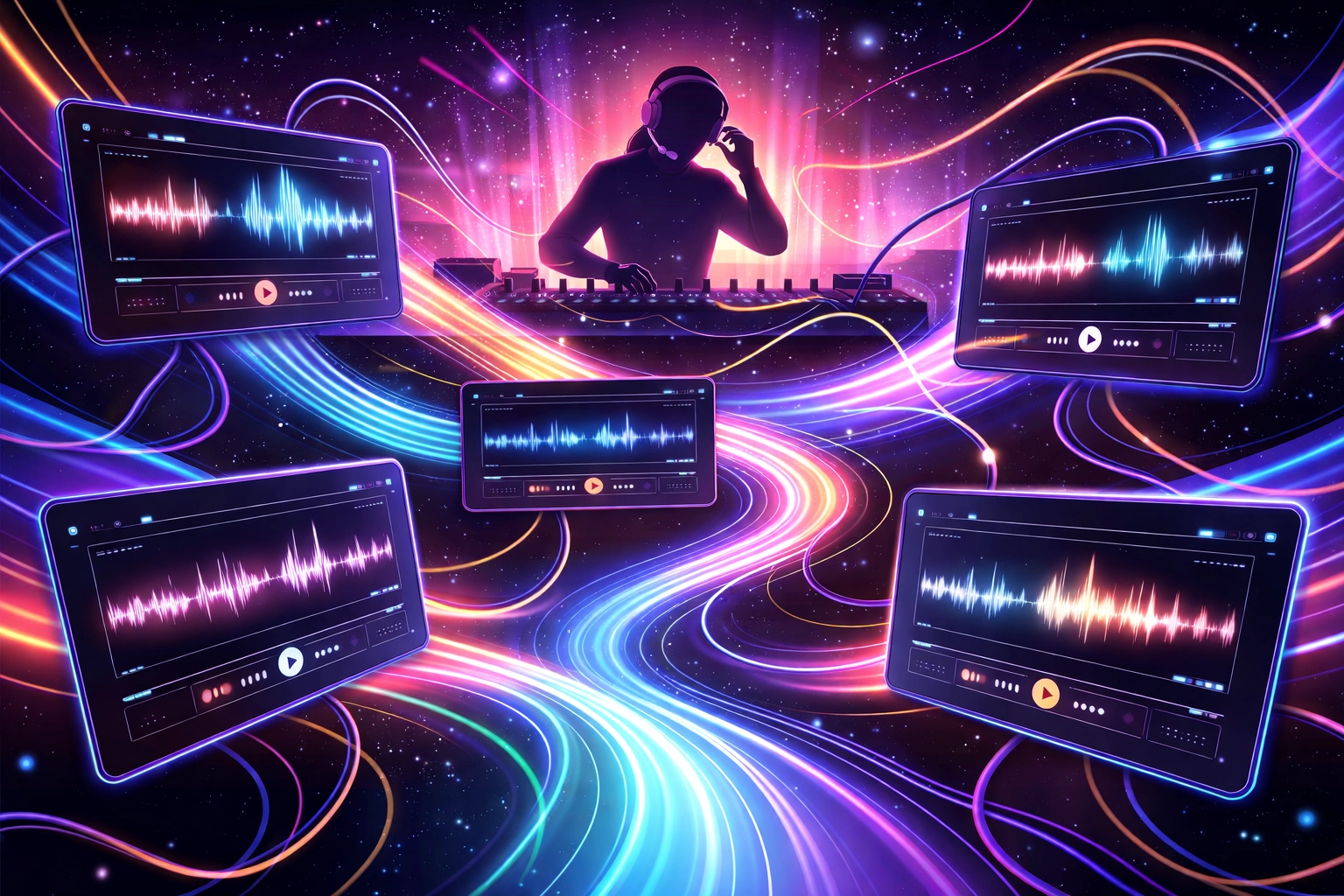 Colorful sound waves and audio player panels connected by cables, representing creative control in Airwave Audio Player Matrix.