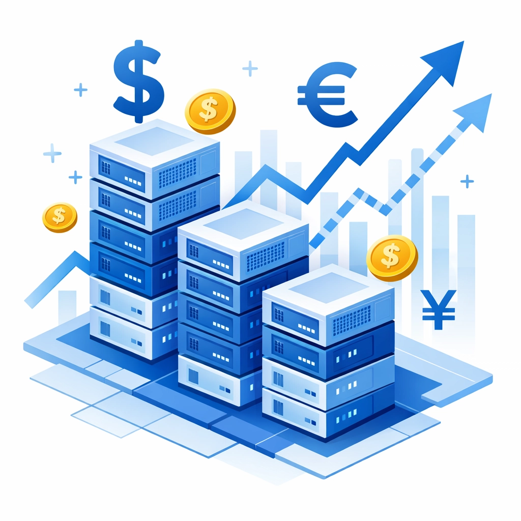 Rising cyber insurance premiums and costs illustrated with servers and trend lines