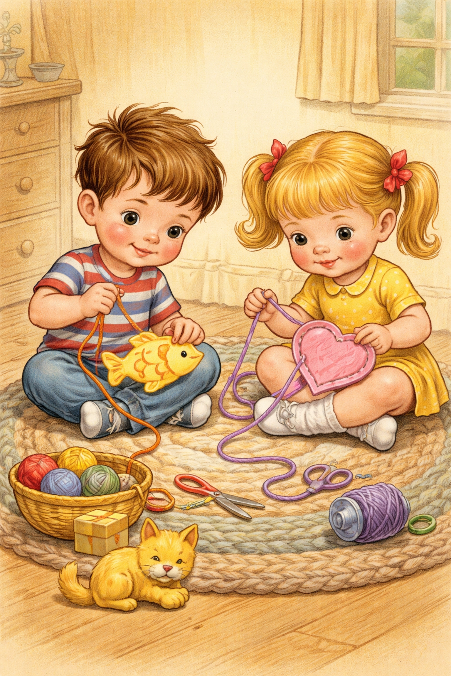 Two children threading yarn through handmade lacing cards shaped like a fish and a heart on a rug