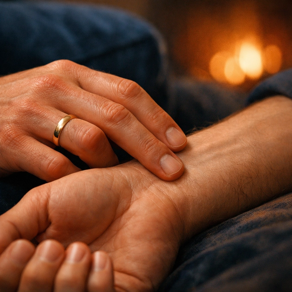 Close-up of men's hands showing quiet intimacy and mindful touch, reflecting themes found in popular MM romance books.