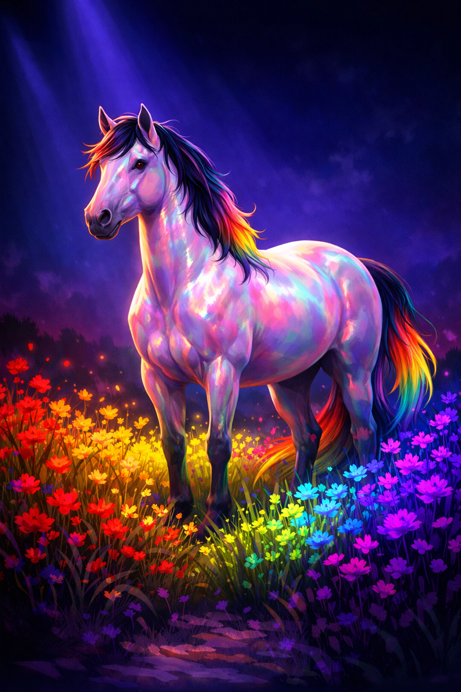 Artistic illustration of a horse in a Pride-colored wildflower field symbolizing queer identity.