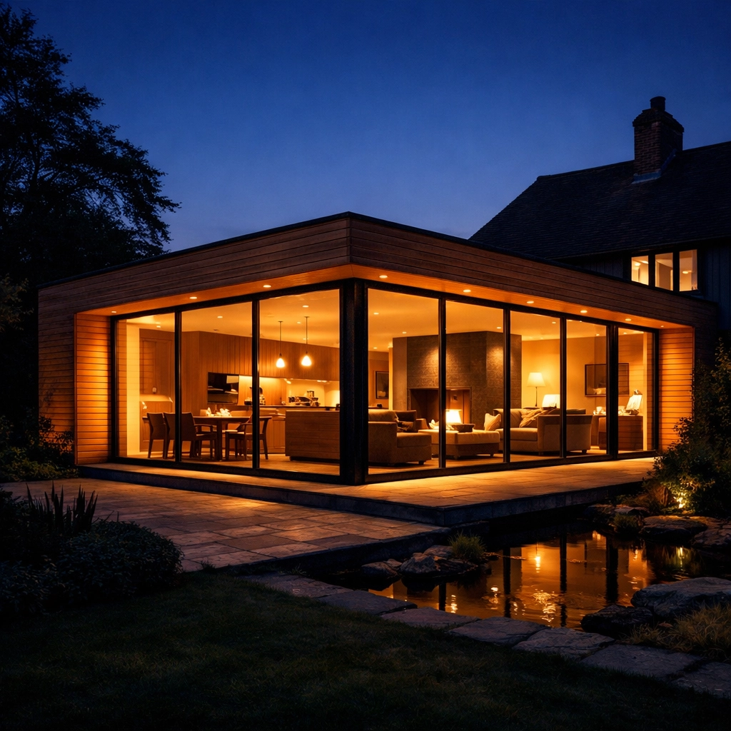 Thermally efficient timber-clad home extension in West Sussex showcasing modern building standards.