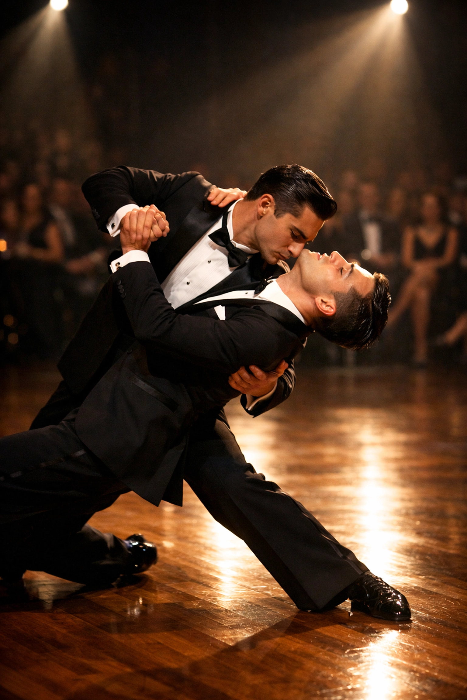 Two male ballroom dancers performing passionate dip in competitive dance heat
