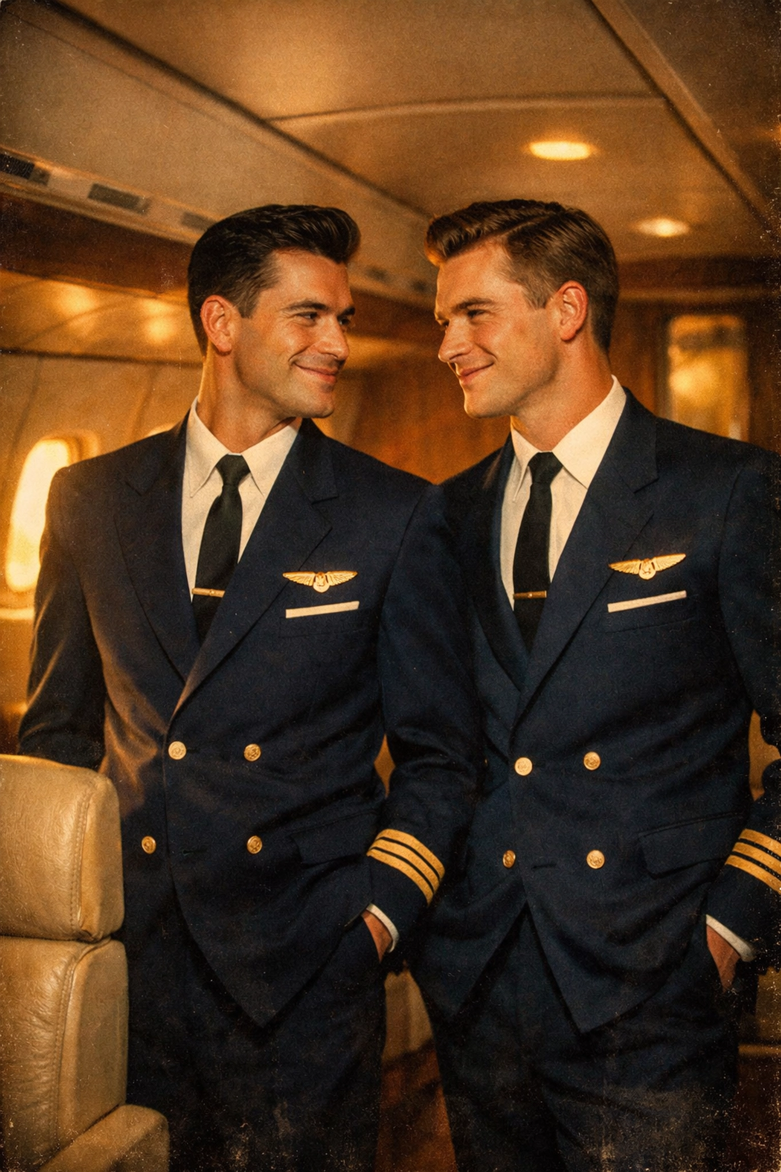 Two gay airline stewards in 1950s uniforms sharing camaraderie in luxury aircraft cabin during aviation's golden age