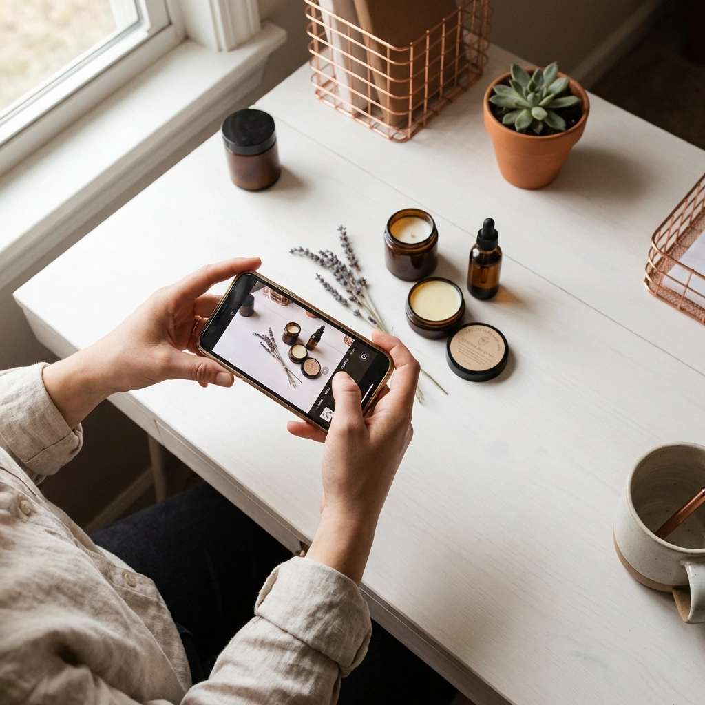 Small business owner filming a product demo on smartphone for social media, highlighting easy video marketing.