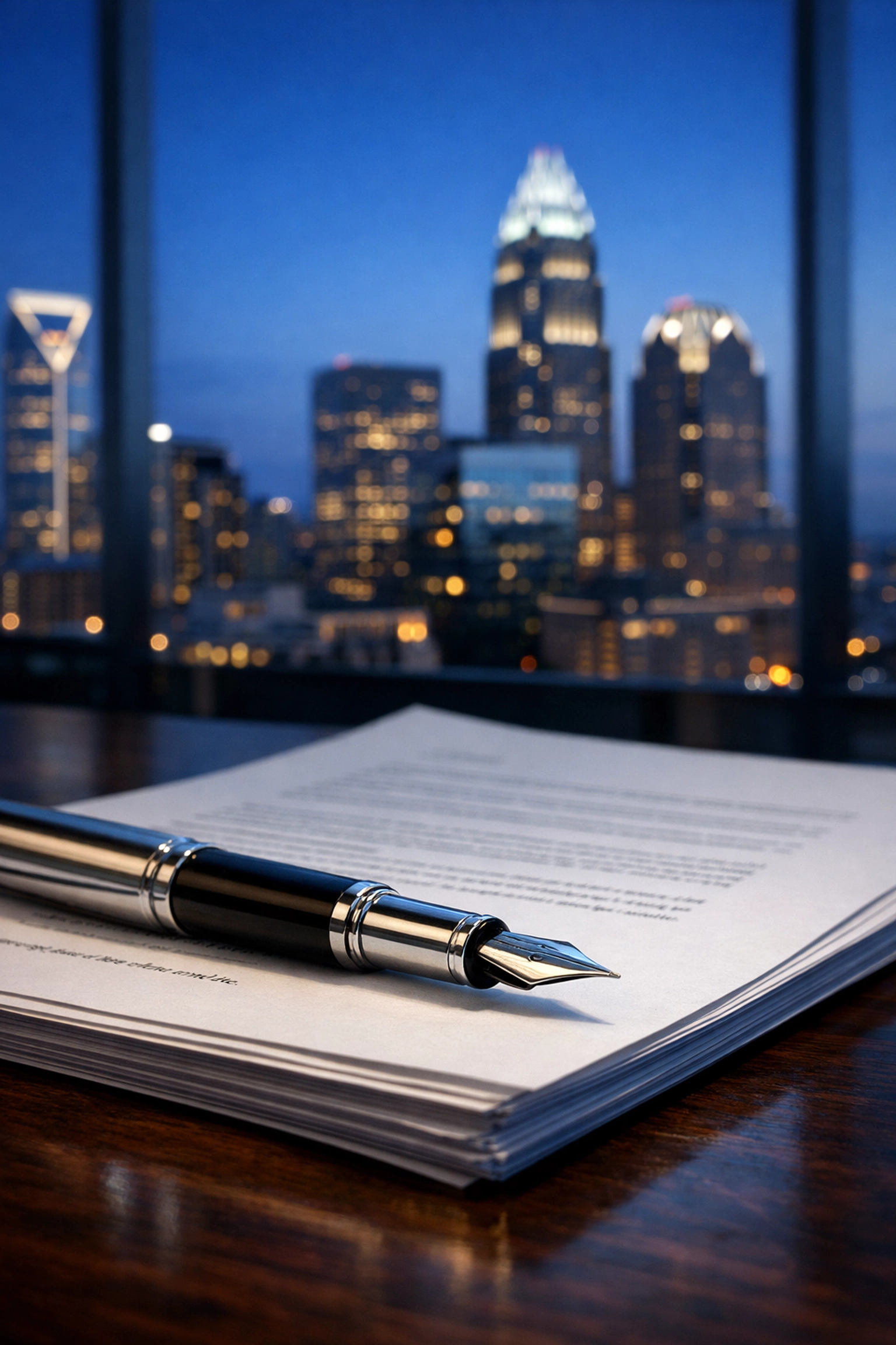 Fountain pen on a non-disclosure agreement for a confidential service company sale in Charlotte, North Carolina.