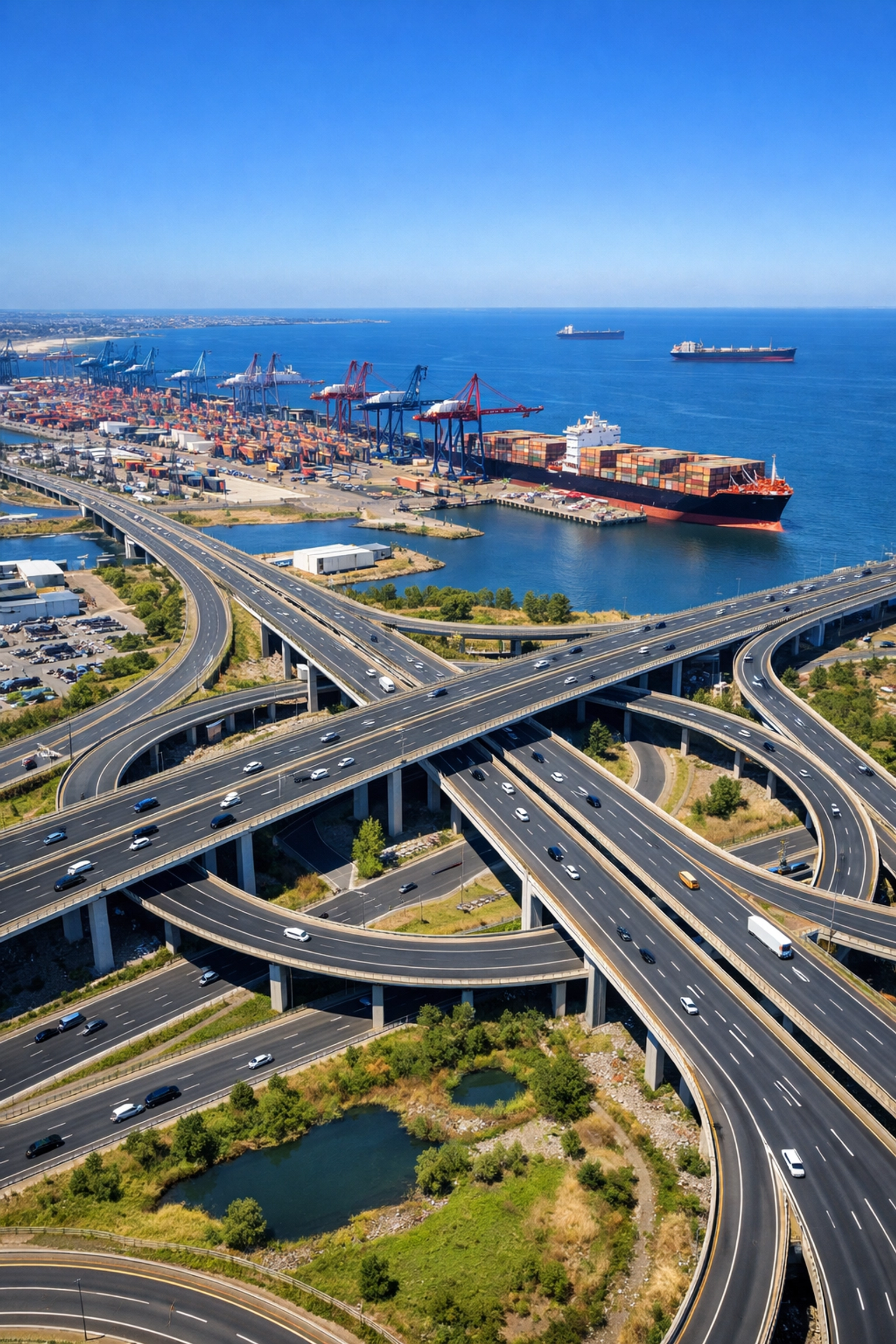 Aerial shot of logistics infrastructure and shipping terminals for 4PL data-backed decision-making.