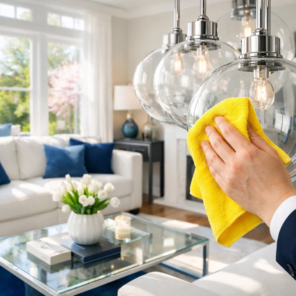 Professional hand cleaning a light fixture for a spring seasonal deep cleaning in Groton, MA.