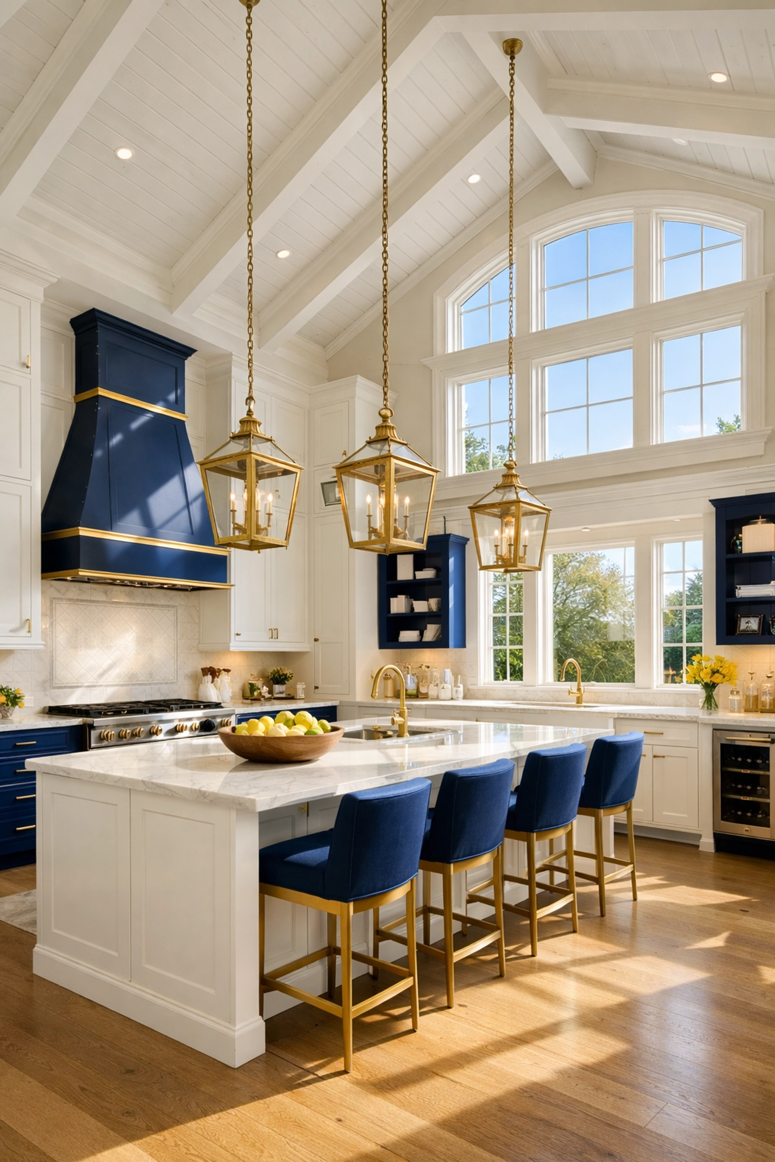 Dust-free tops of white kitchen cabinetry and high window casings in a luxury home after professional cleaning.