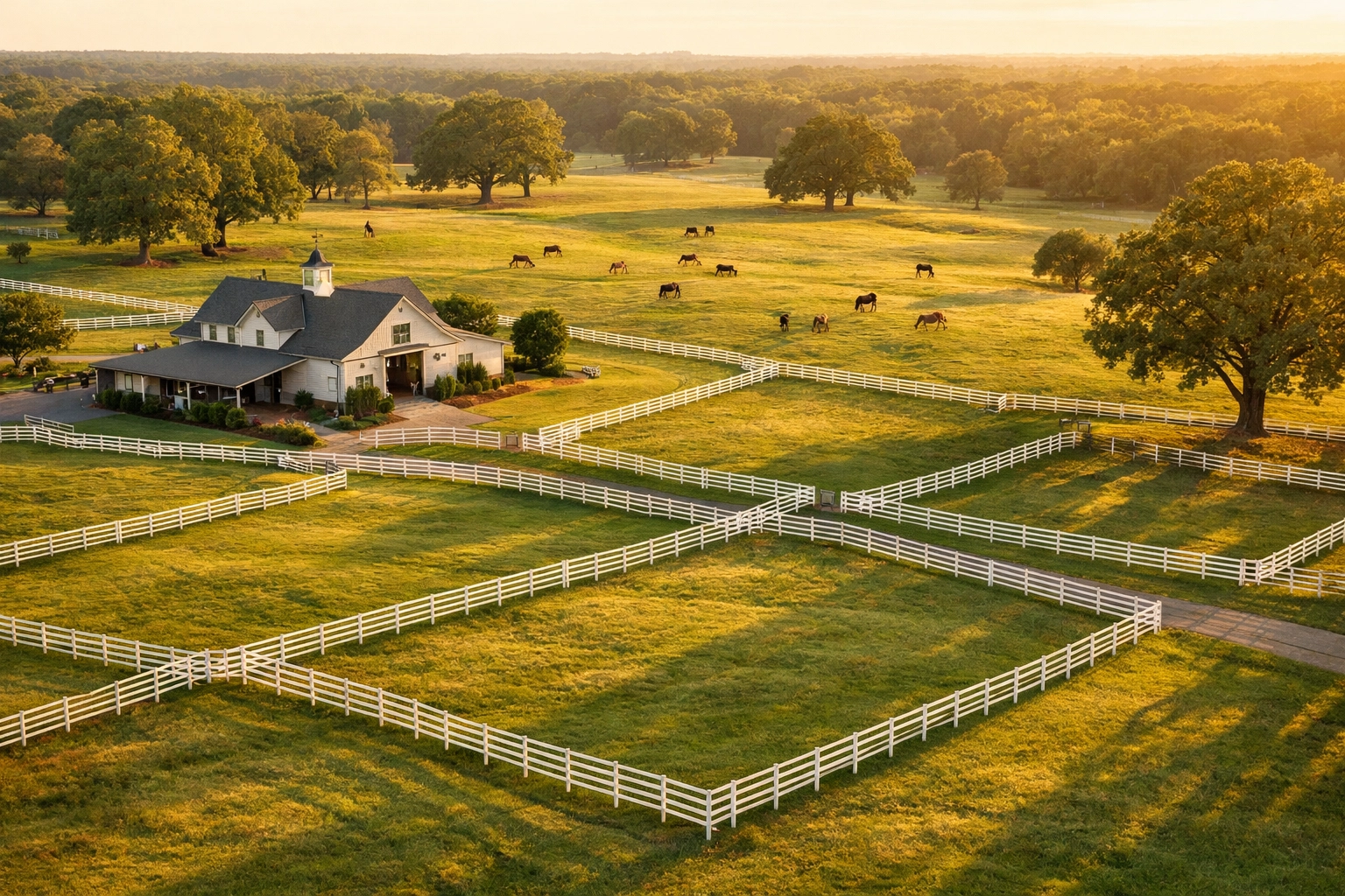 Aerial view of horse farm in Waxhaw NC with white fencing and pastures