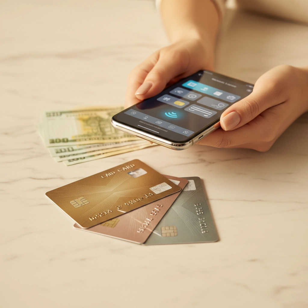Image of a woman's hand holding her cell phone; 3 credit cards and some paper money are on the table in front of her. Bitcoin and Cash: The Ultimate Showdown for the Future of Money