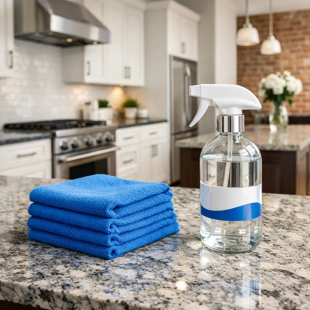 Professionally cleaned modern Lowell kitchen featuring sparkling granite countertops and white cabinetry.