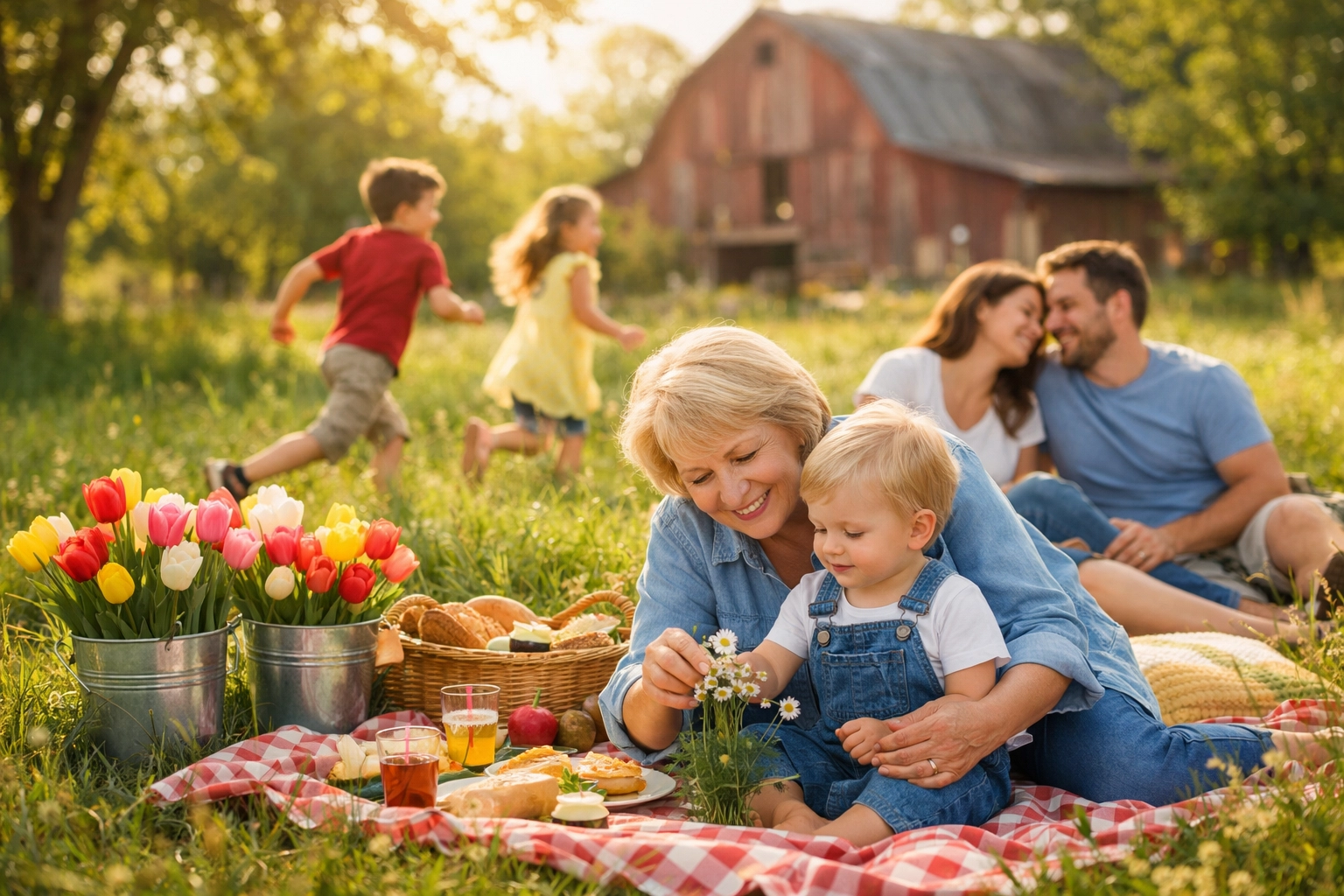 Multigenerational family enjoying picnic at Vineyard Farm with spring tulips