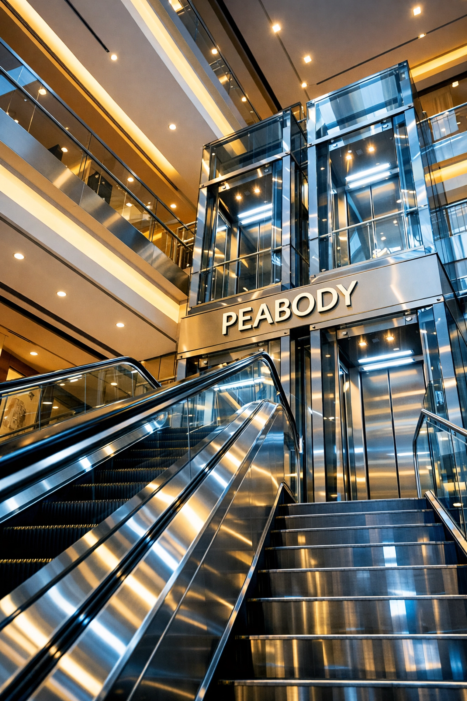 Clean glass elevators and polished escalators showcasing professional facility maintenance in Peabody.