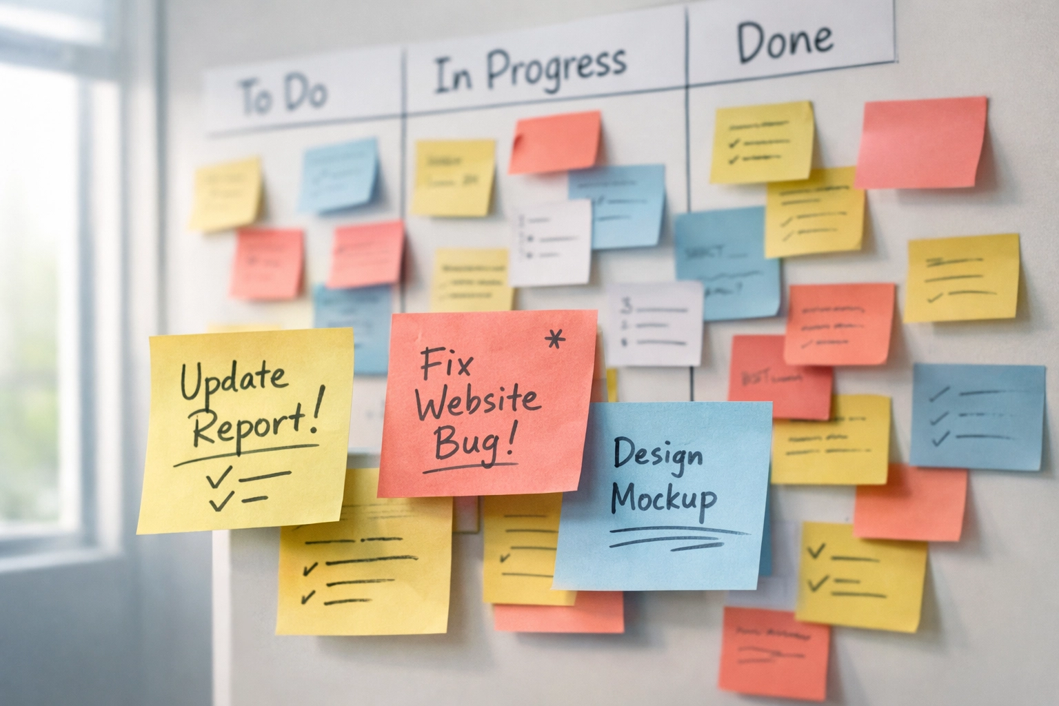 Crowded kanban board with sticky notes showing the dev team backlog that SEO tasks must compete against