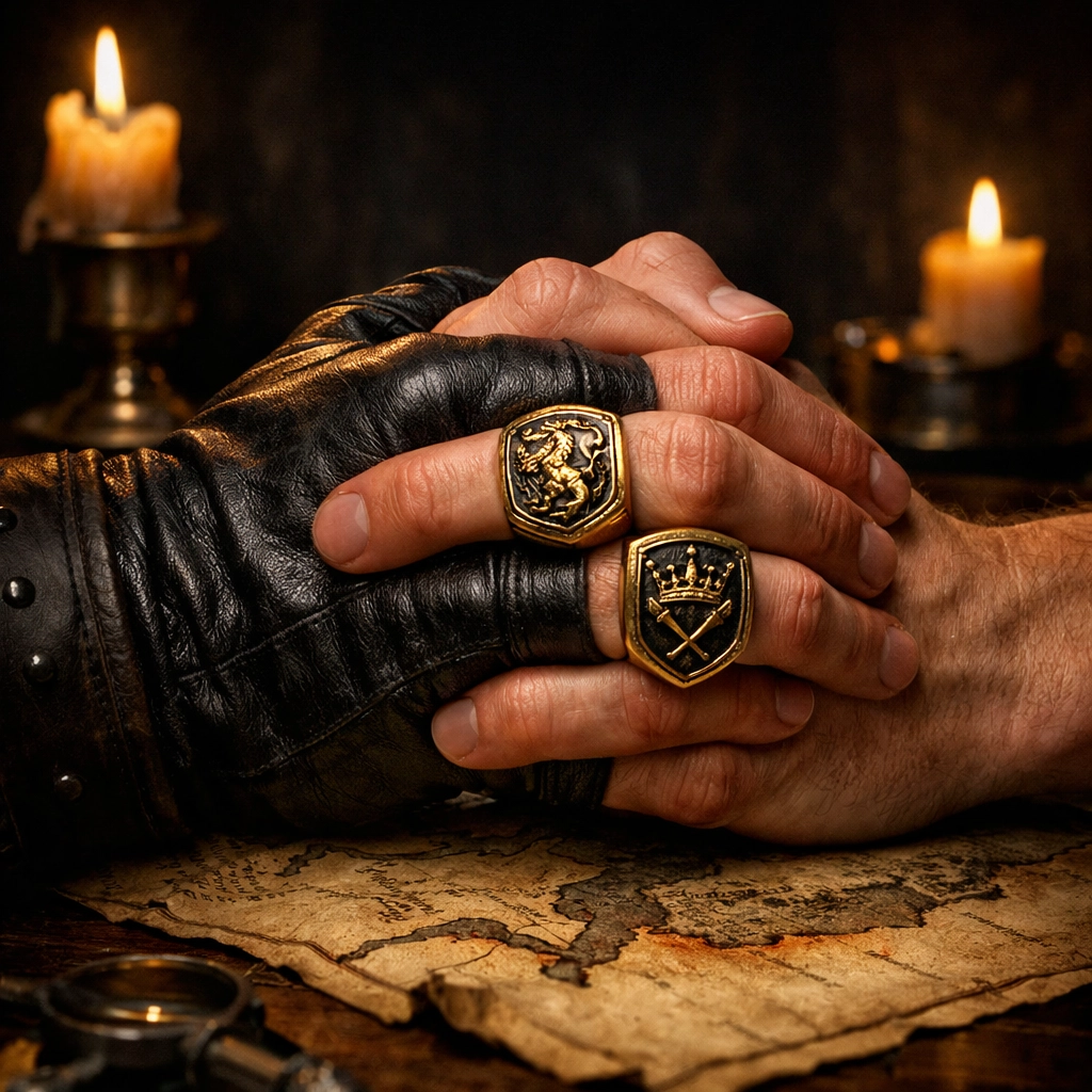 Two royal hands with signet rings interlace over a map, representing secret alliances in gay fantasy romance.