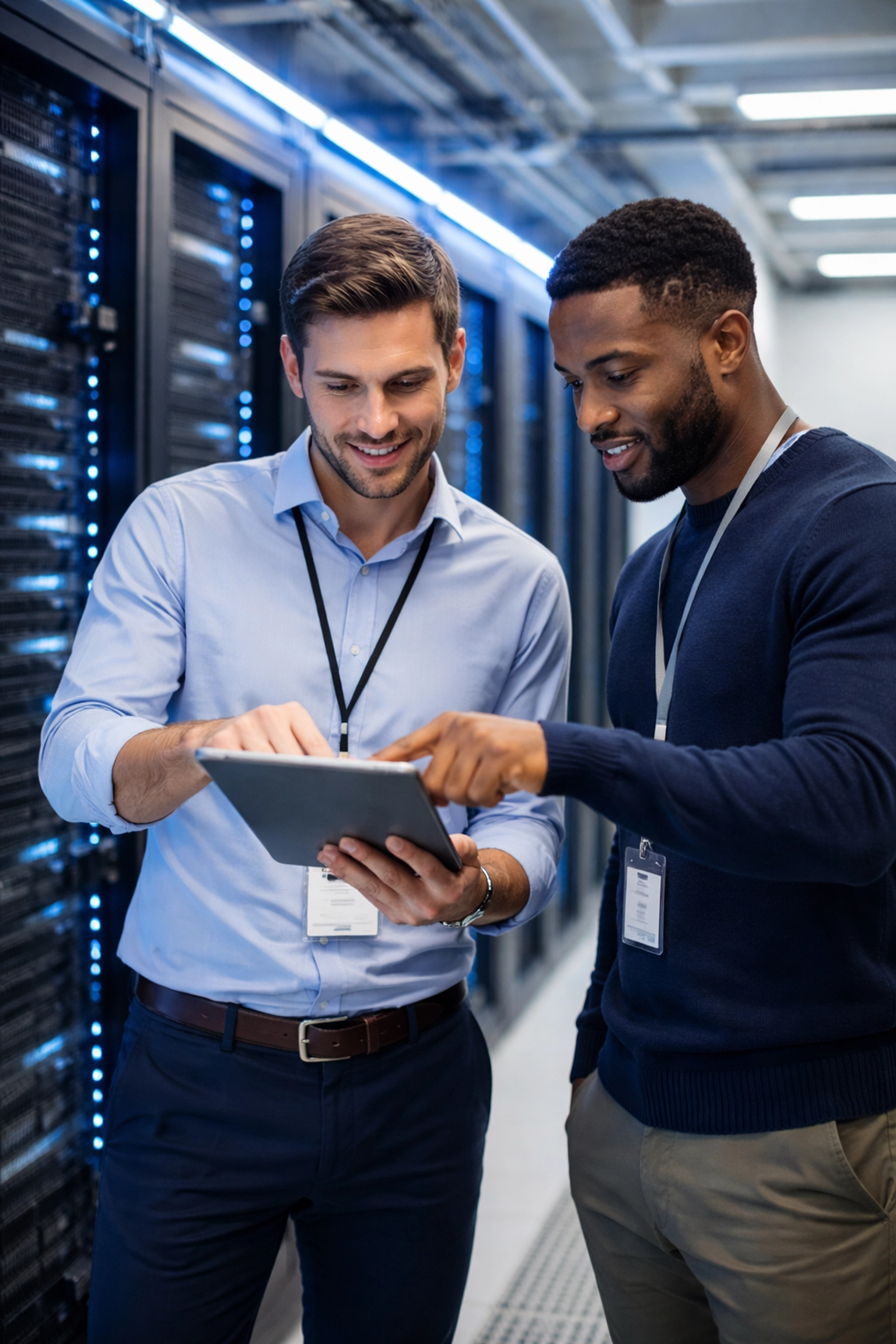 IT professionals review operational data in a server room, highlighting effective ServiceNow IT management.