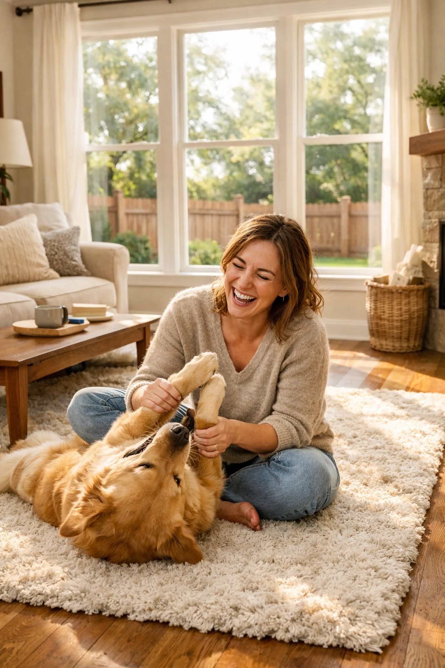 Bright living room interior of a site-built home with hardwood floors and a view of the yard.