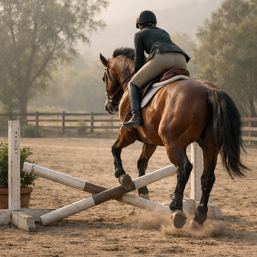 Horse lifting back over jump demonstrating saddle fit importance