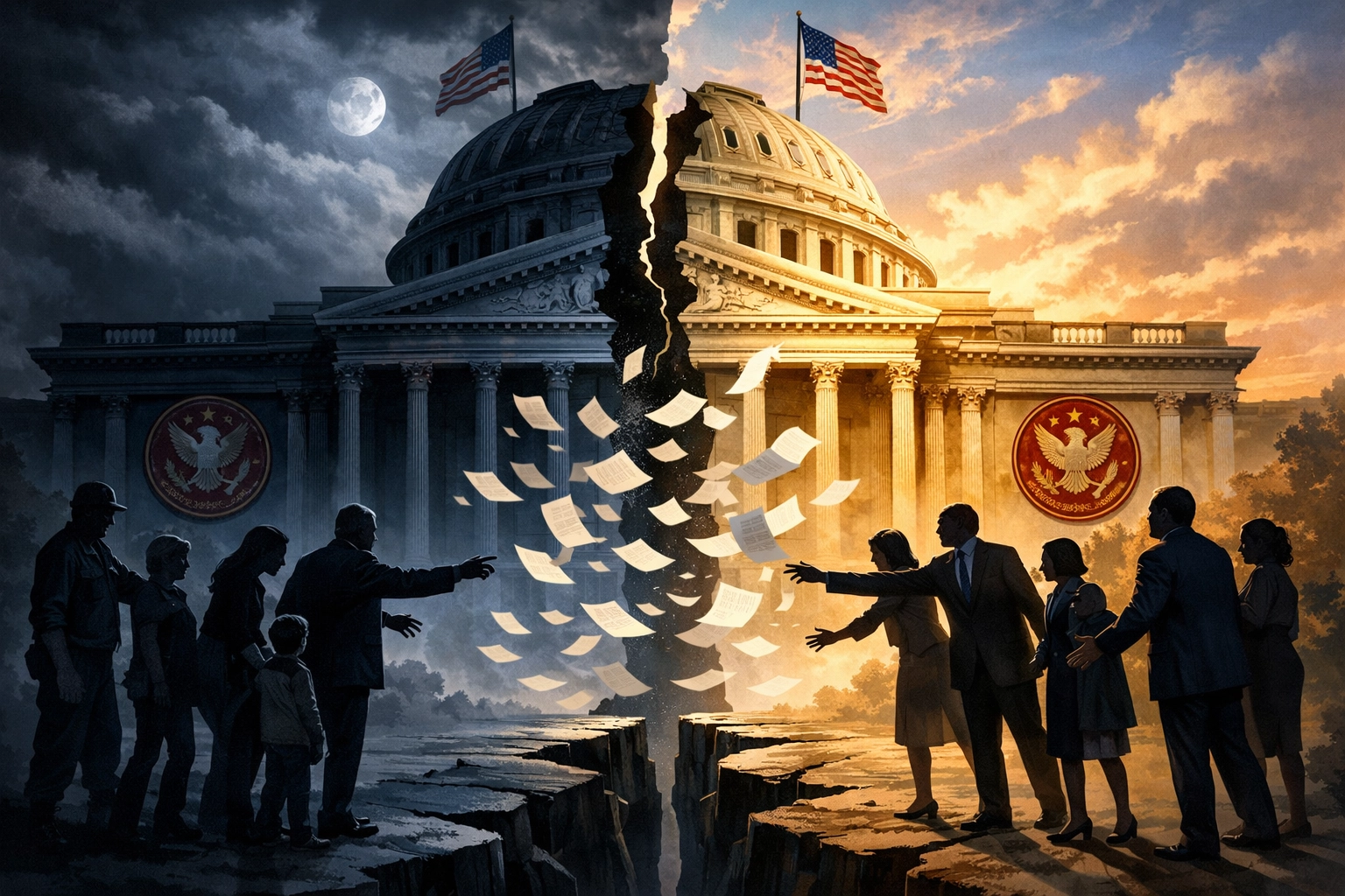 Divided government building with citizens reaching across gap symbolizing political unity and hope