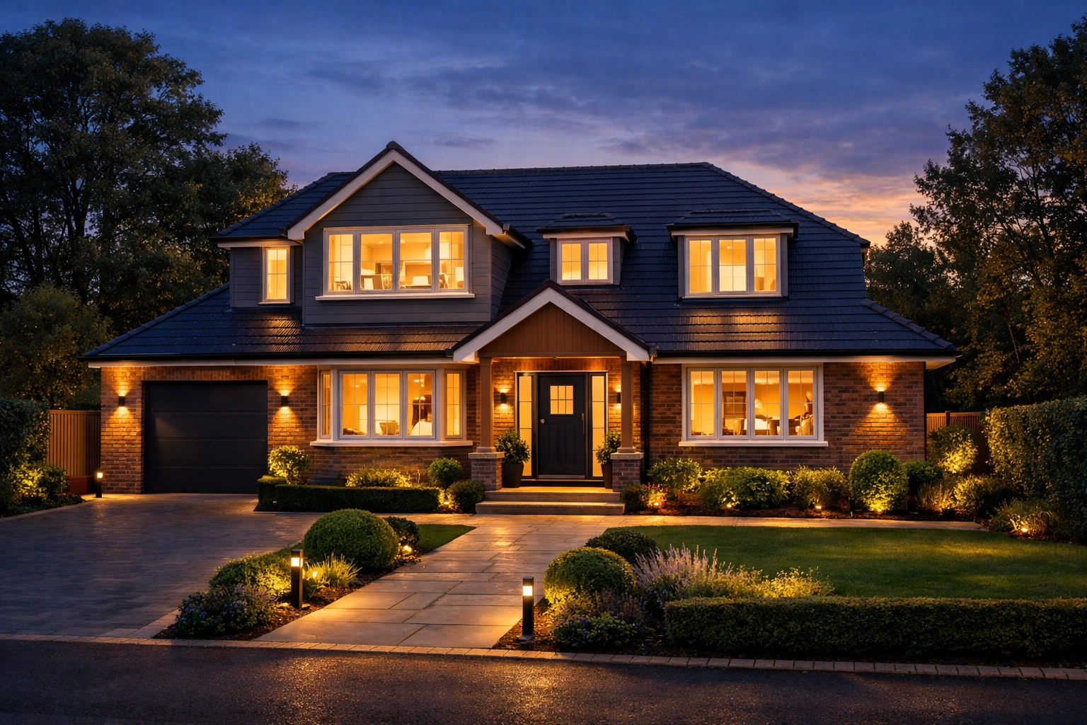 A fully transformed West Sussex bungalow with a modern second floor and professional landscaping at dusk.