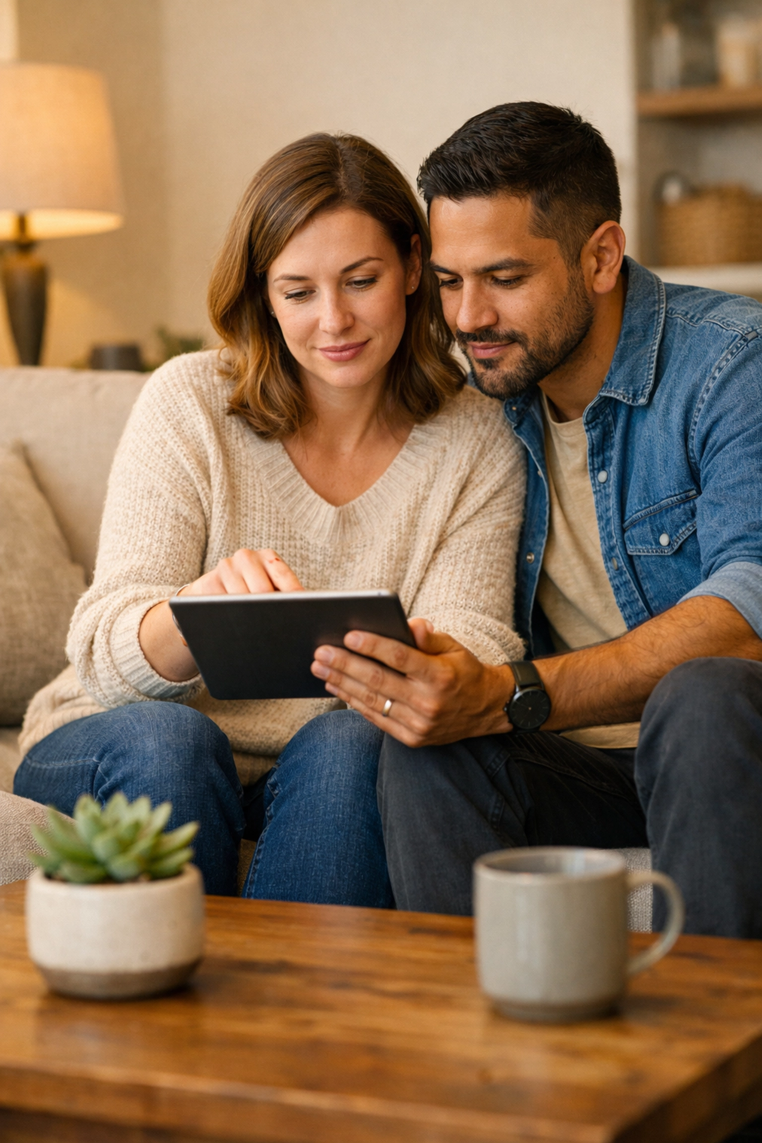 Couple consultant une tablette pour gérer un prêt sans enquête de crédit de façon responsable.