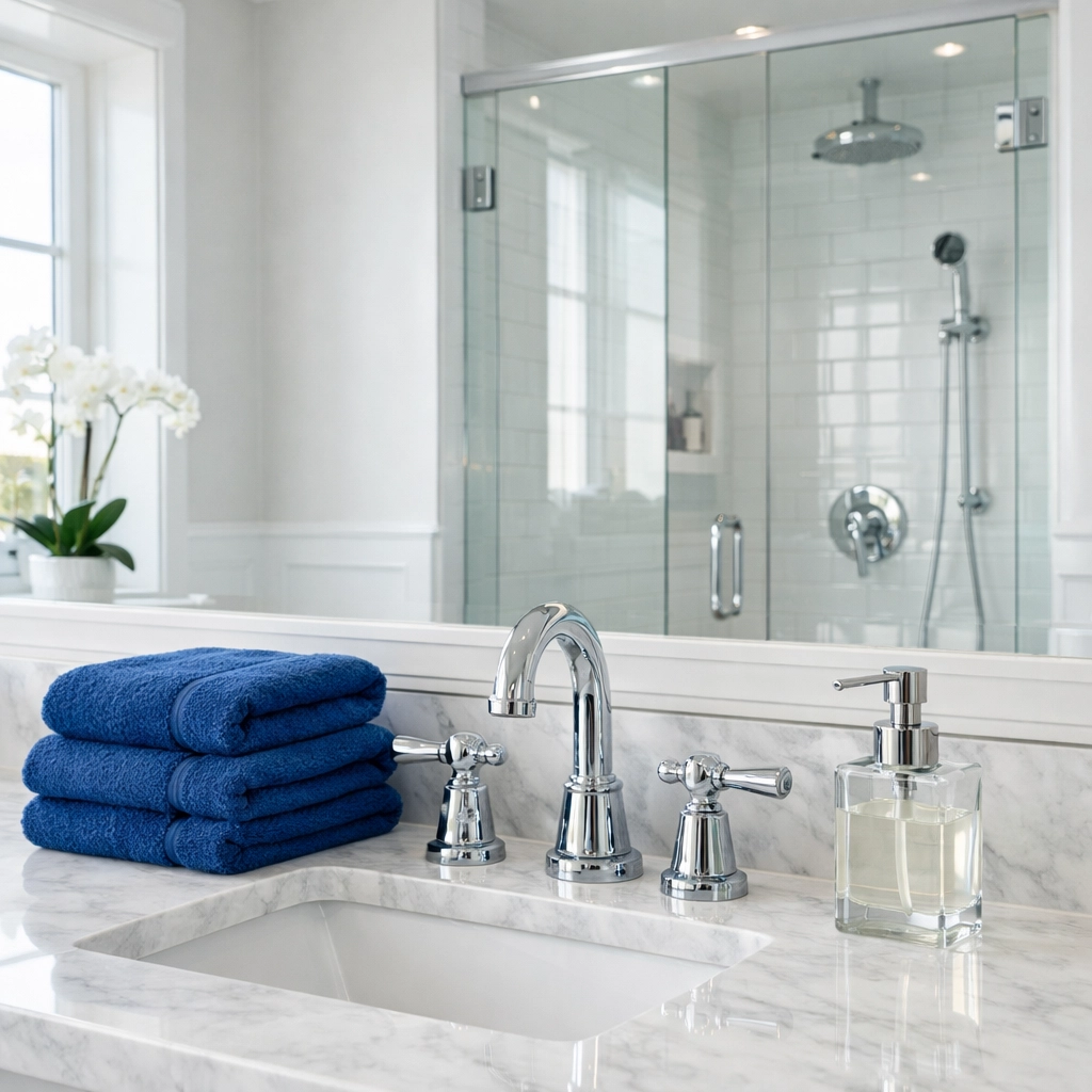Spotless Lancaster bathroom featuring a deep-cleaned marble vanity and sanitized chrome fixtures.