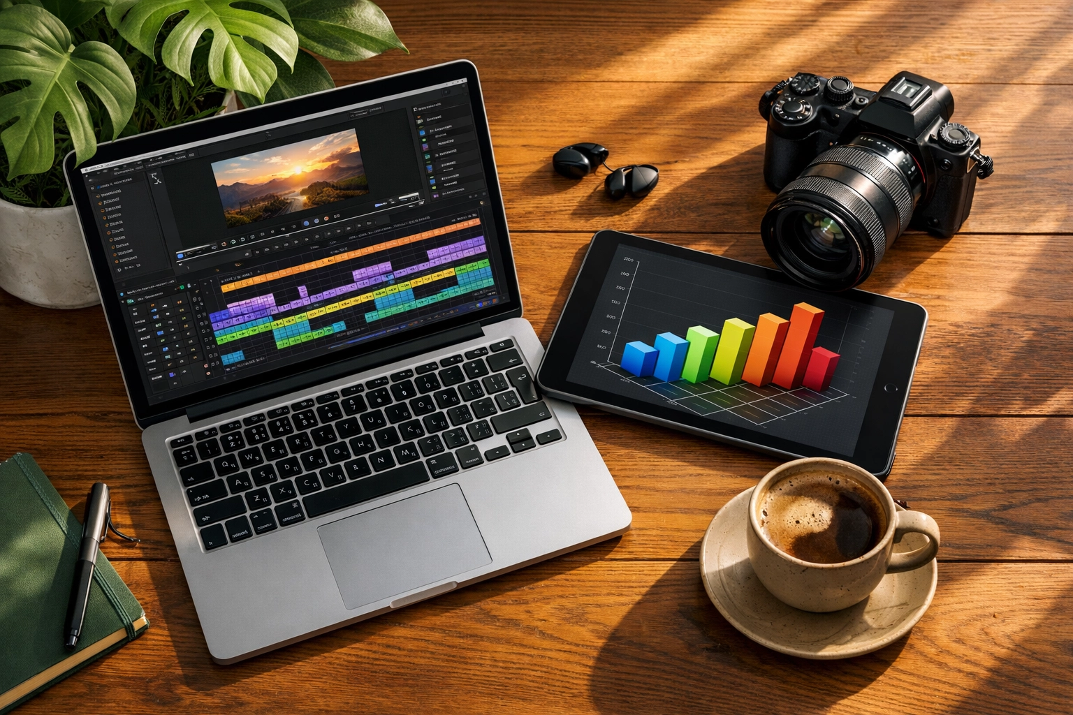A workspace with video and data tools, highlighting multi-modal content as a key part of SEO strategies 2026.