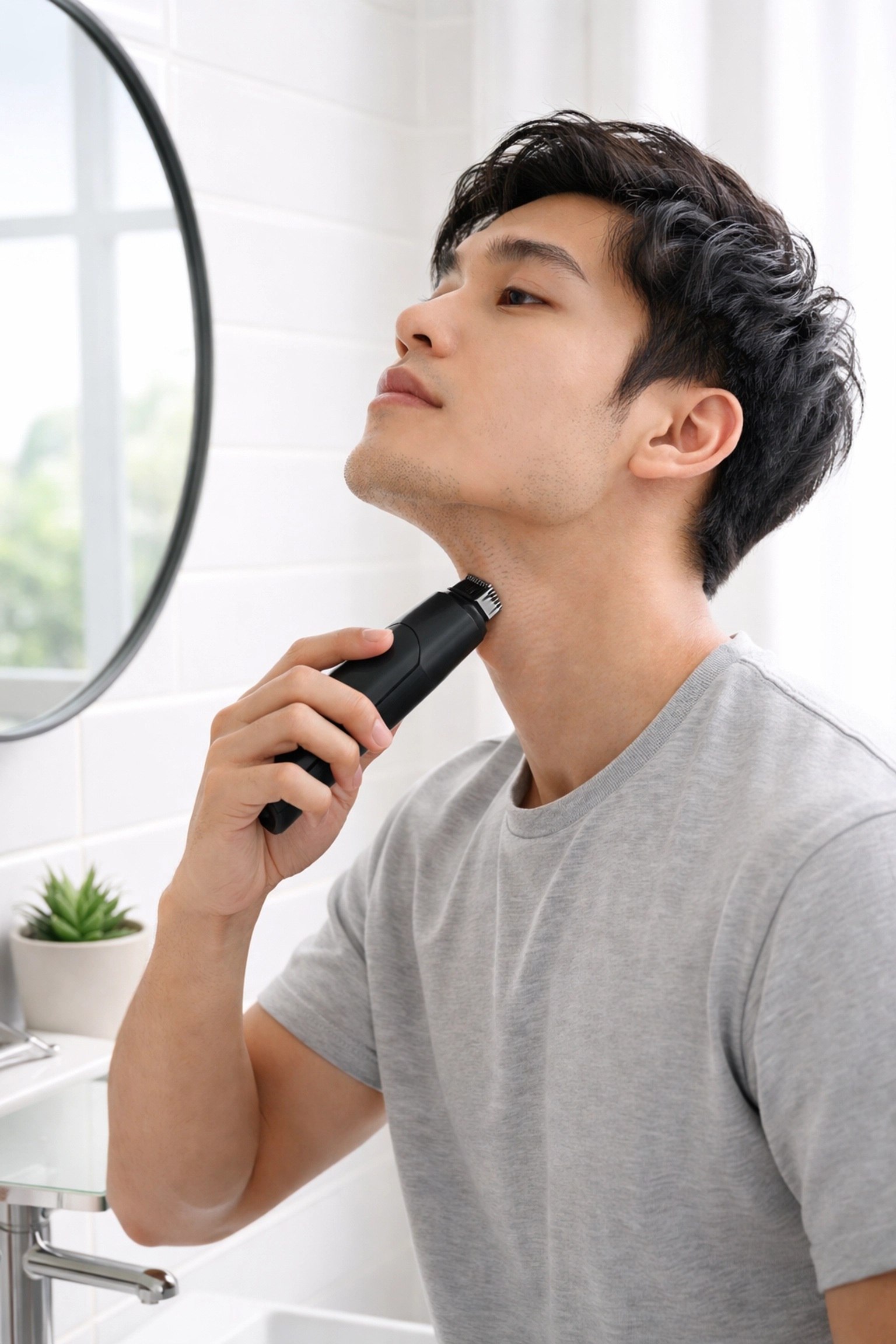 Asian man trimming his neckline with an electric trimmer, showing detail work in a fast grooming routine