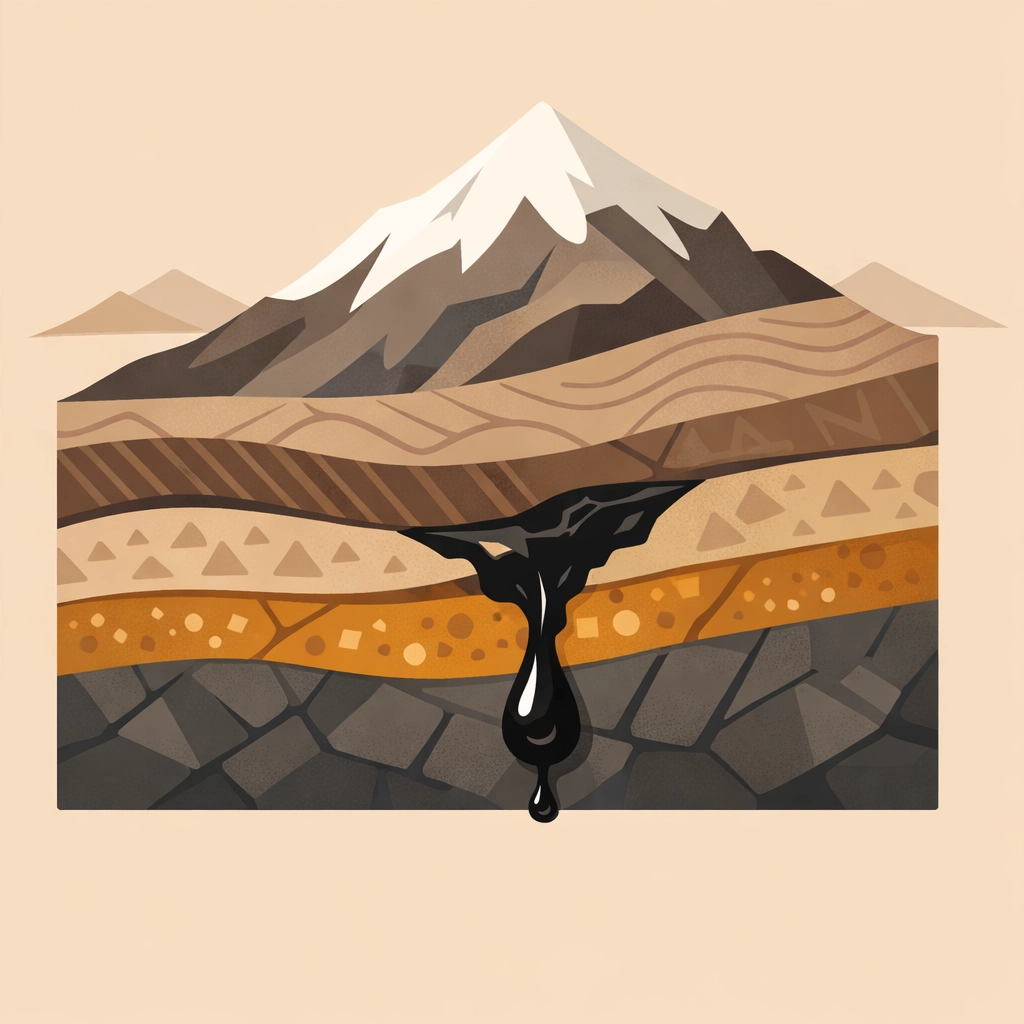 Shilajit forming naturally from mountain rock layers as a dark resinous substance