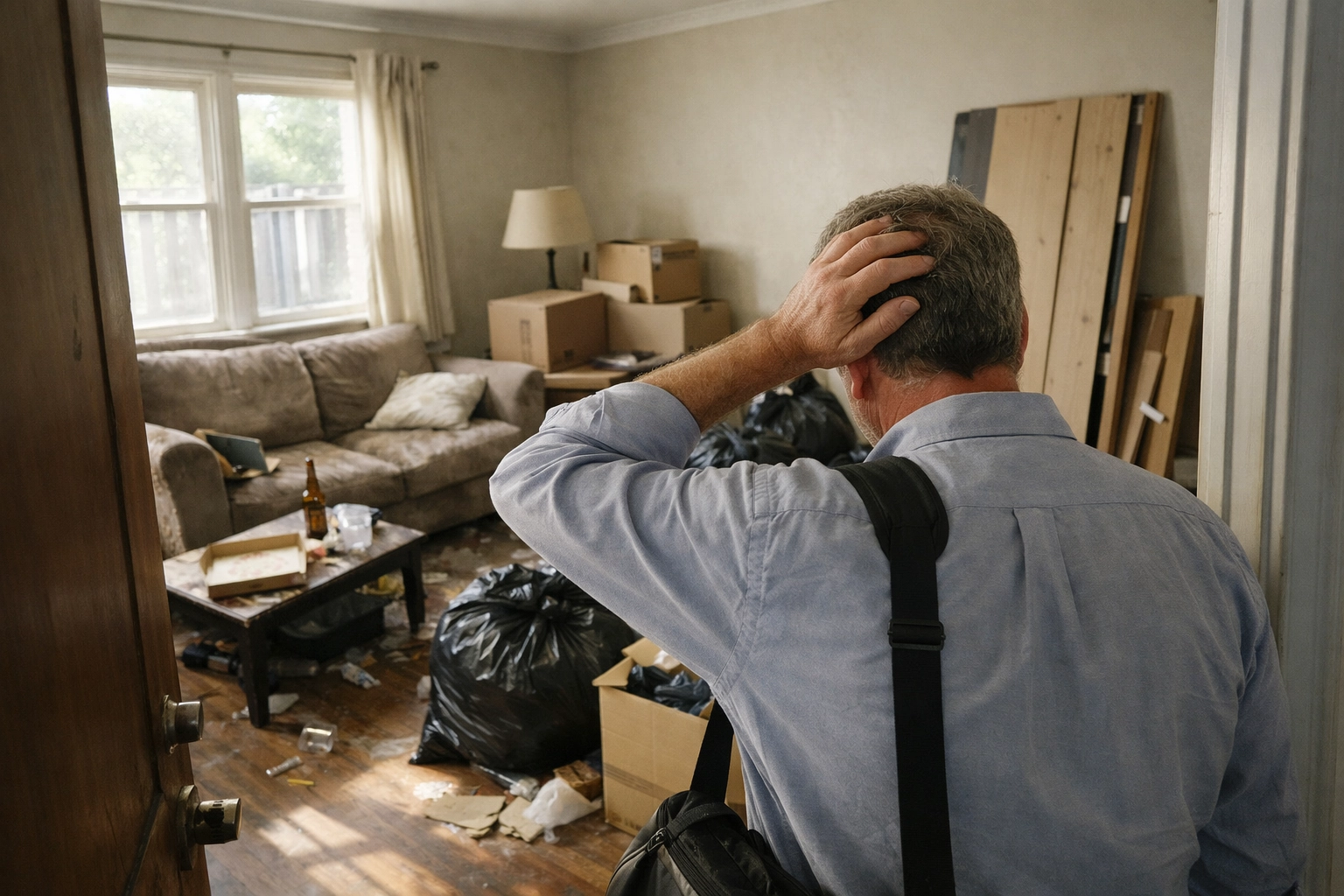 Abandoned furniture and belongings left behind in rental property after tenant moves out