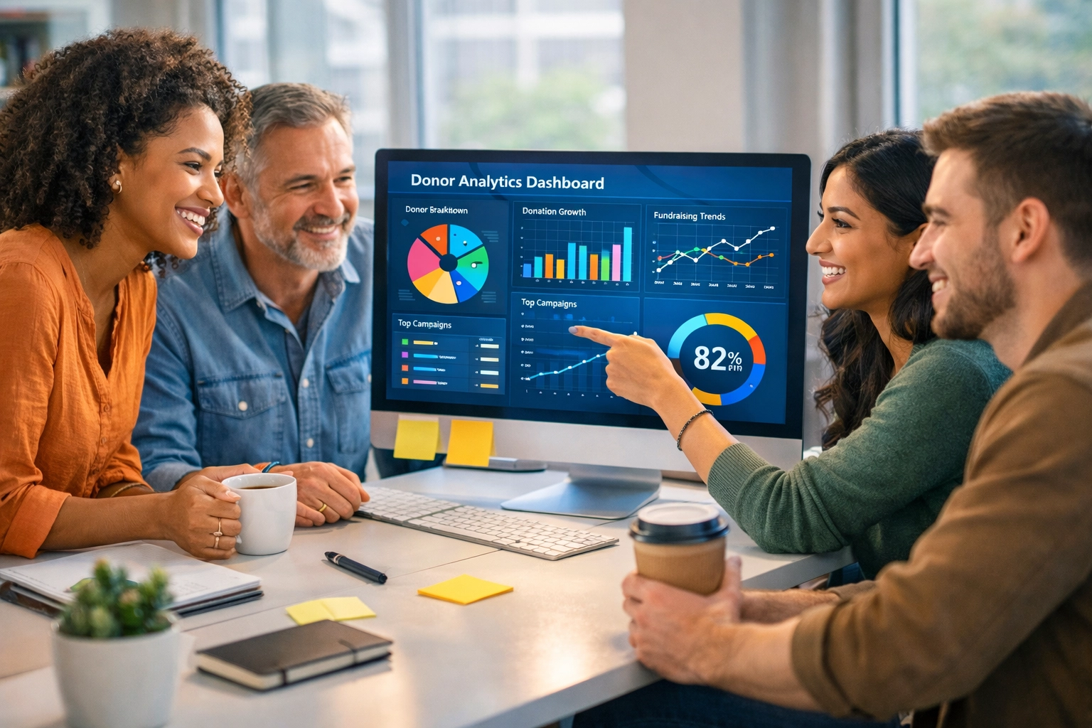 Nonprofit team reviewing donor analytics and prospect research data on computer screen