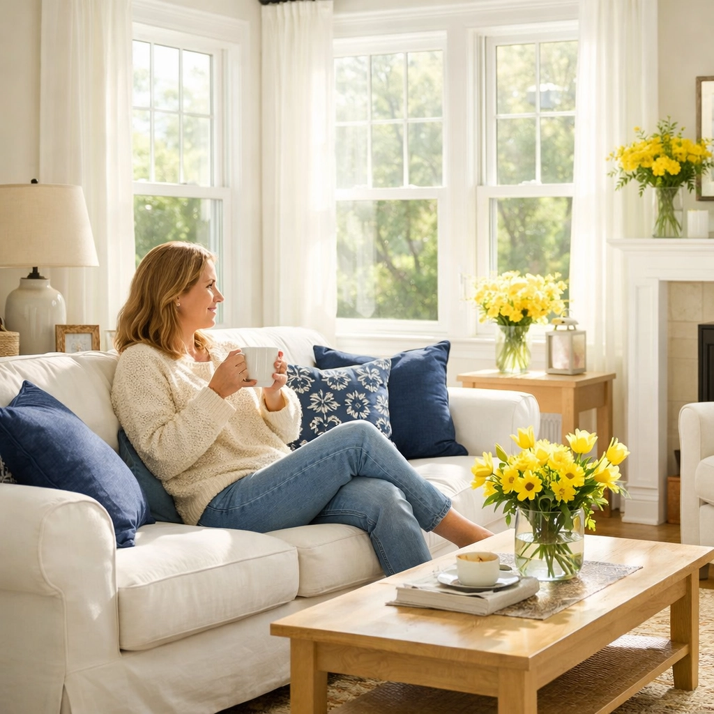 A relaxed Westford resident in a spotless, bright living room after a professional deep cleaning.