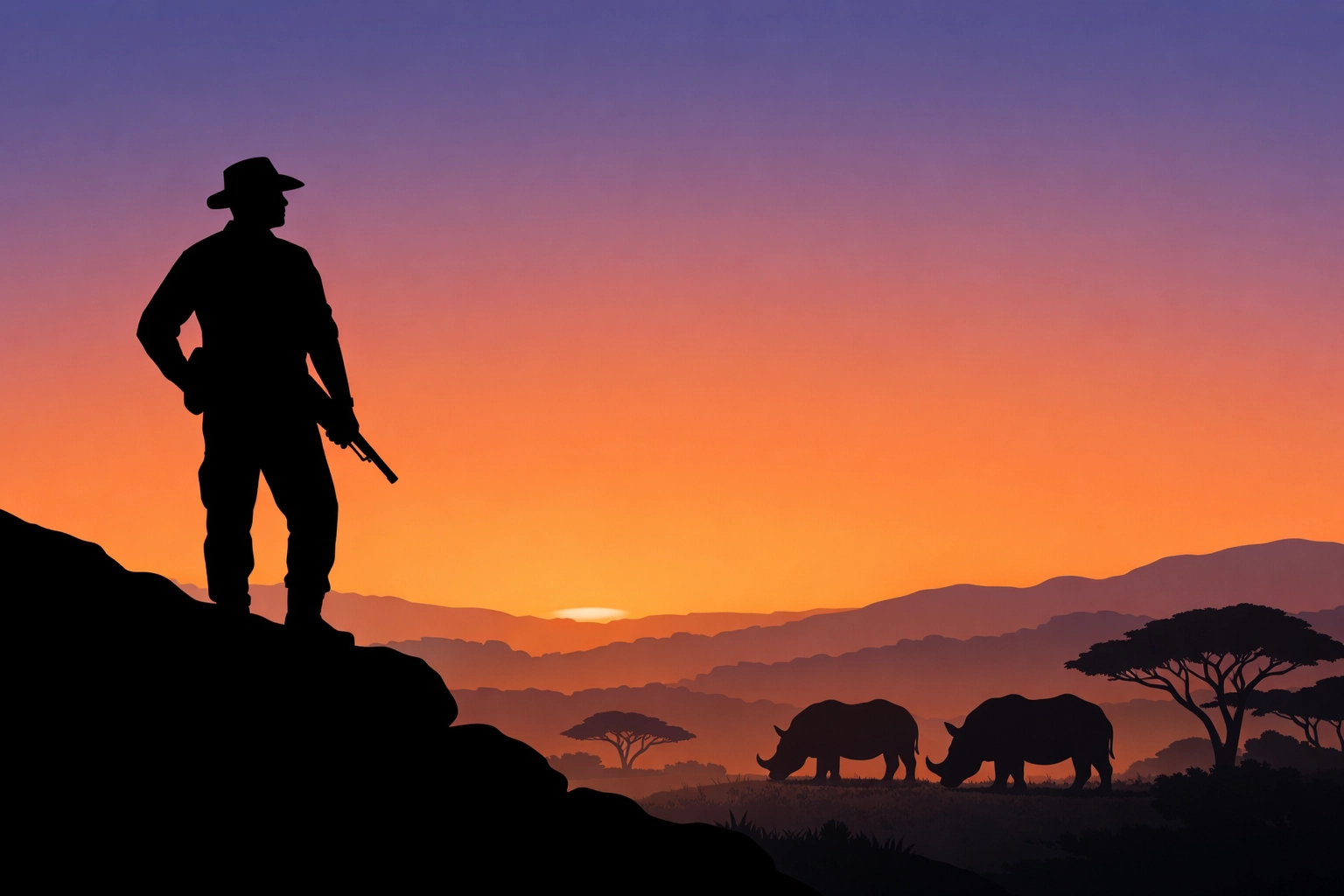 Silhouette of an African wildlife ranger protecting rhinos in Kidepo Valley at sunset.