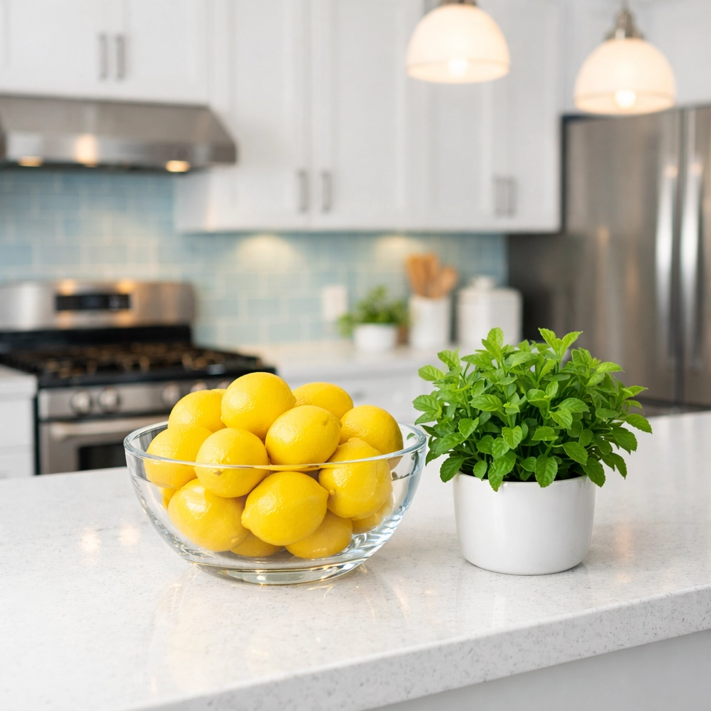Expert cleaners Natick MA sanitize a modern kitchen island using eco-friendly and non-toxic products.