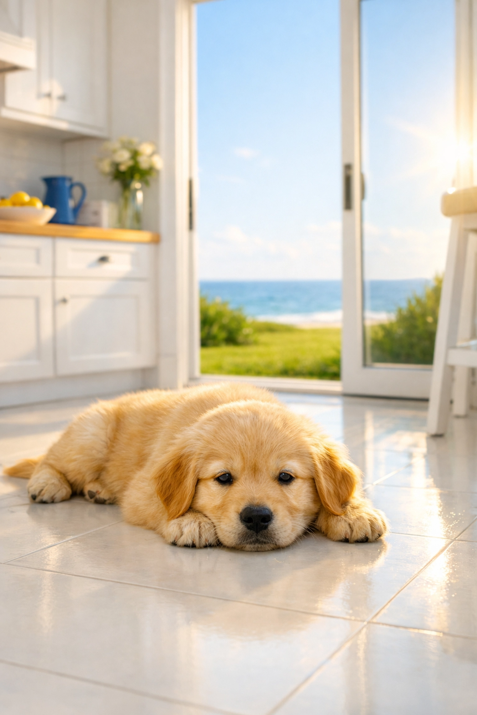Puppy on a spotless white tile kitchen floor in a sunlit Chatham home cleaned with safe, eco-friendly products.