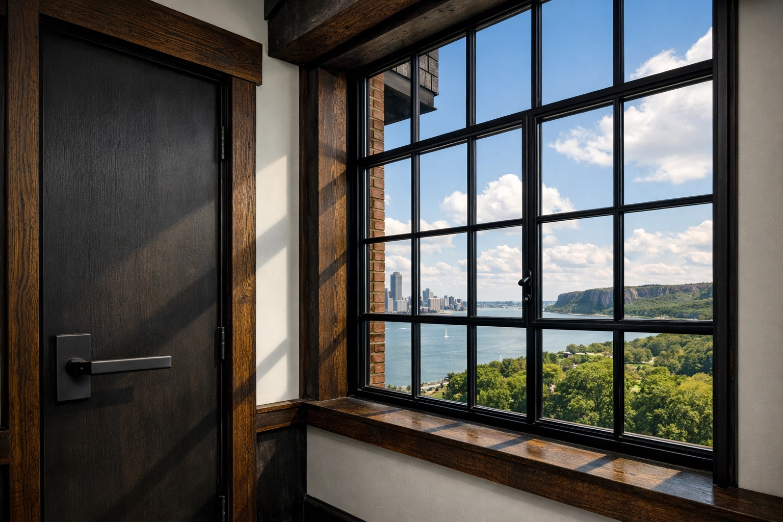 Industrial interior design featuring black window frames, dark oak trim, and modern door hardware.