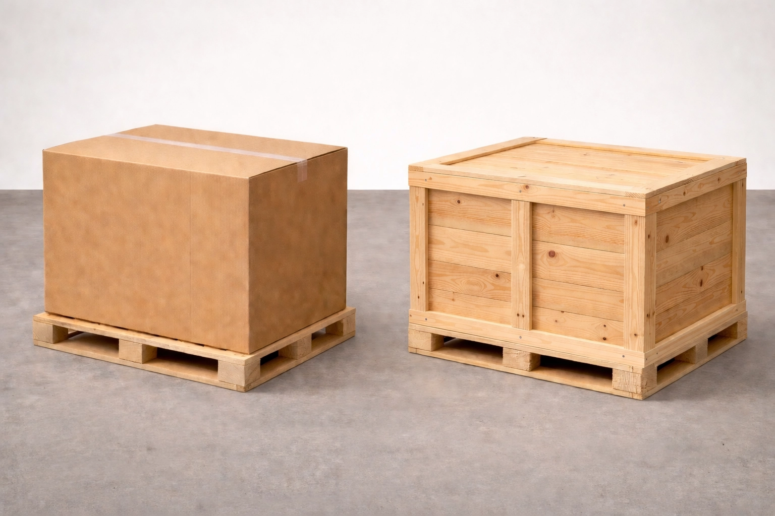 Side-by-side view of a cardboard box-on-pallet and a raw timber wooden crate for comparing shipping solutions