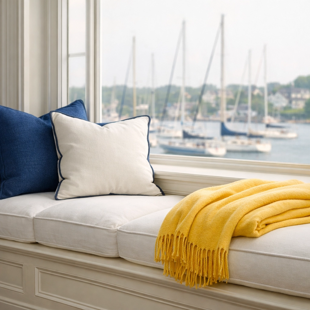 Immaculate window seat in a luxury Marblehead home overlooking the harbor after professional cleaning.