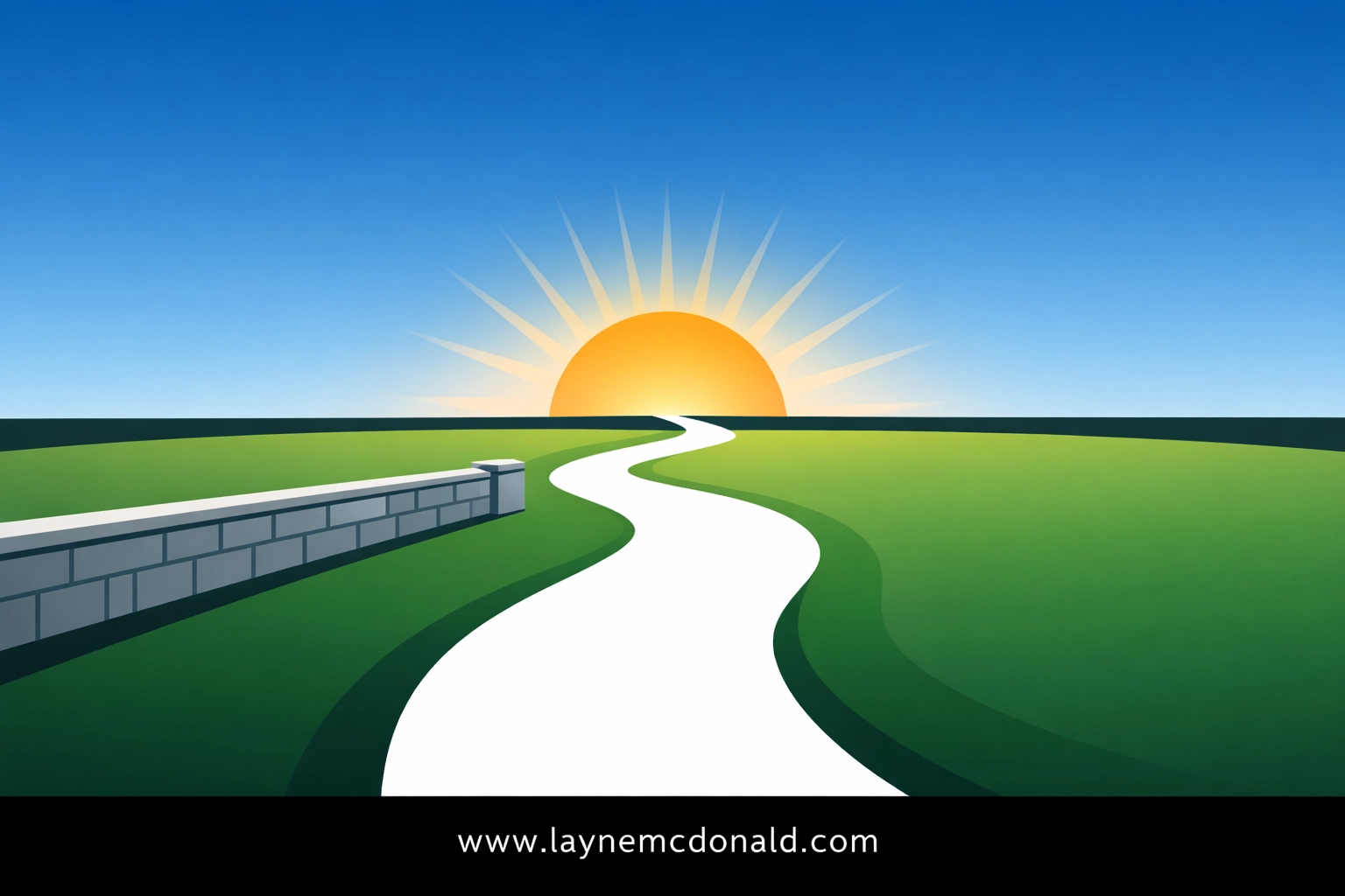 A winding path toward a sun with a stone wall representing healthy boundaries and spiritual healing.