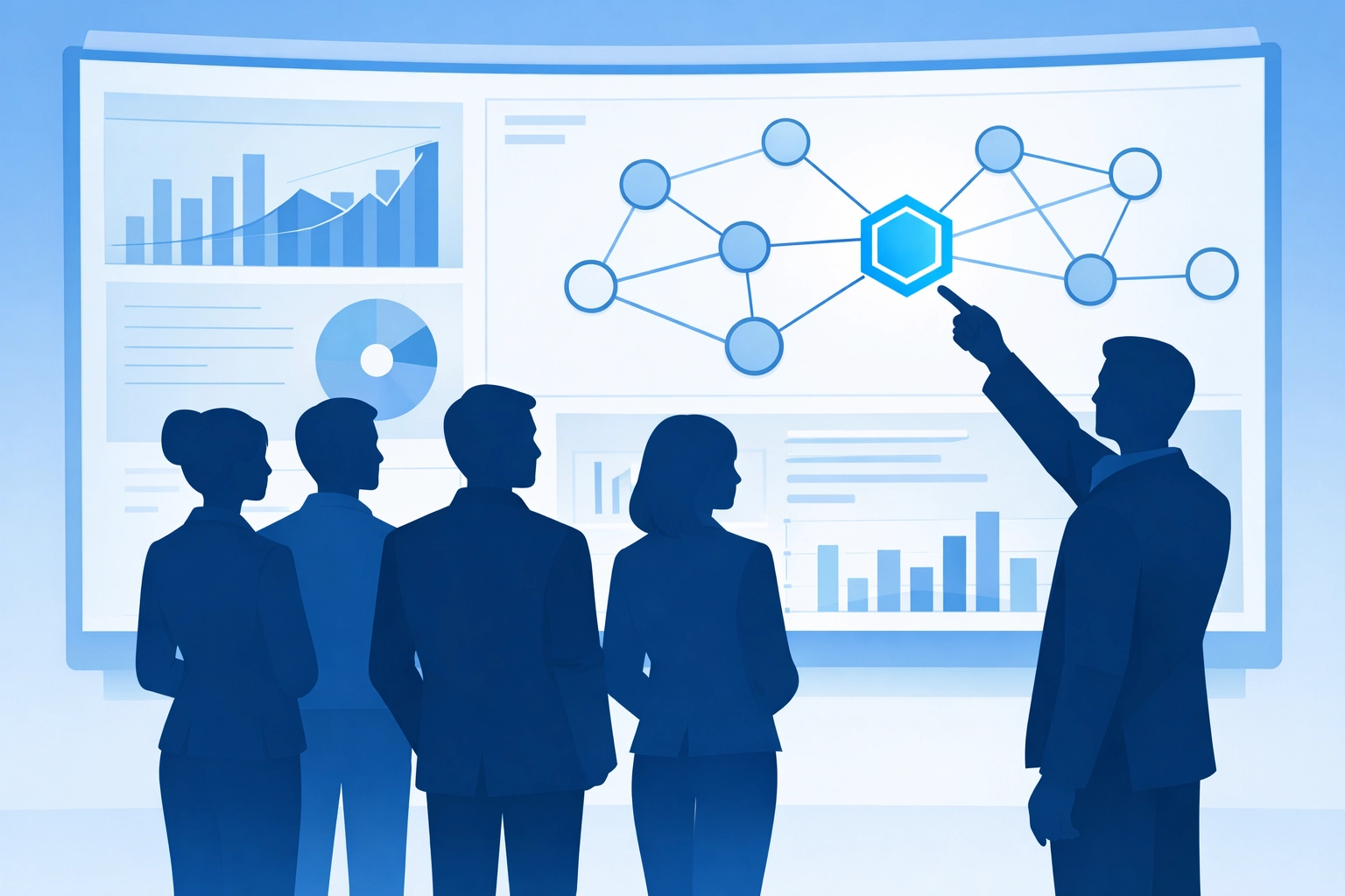 Team of professionals analyzing a digital dashboard to identify phishing threats during security training