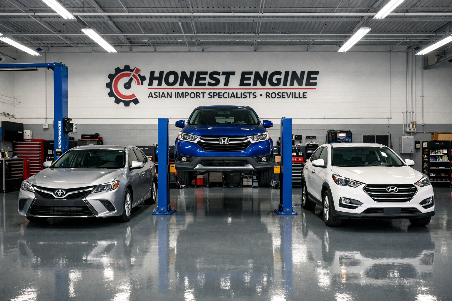 Toyota, Honda, and Hyundai vehicles in a clean, modern Roseville auto repair shop bay.